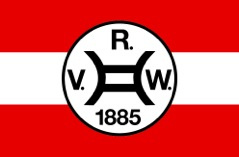 Flag with red, white, and red horizontal stripes; center circle with black borders contains the letters R, V, W, and the year 1885.