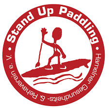 Illustration of a child standing up on a paddleboard holding a paddle, with a circular red border containing the words 'Stand Up Paddling' and other locations.