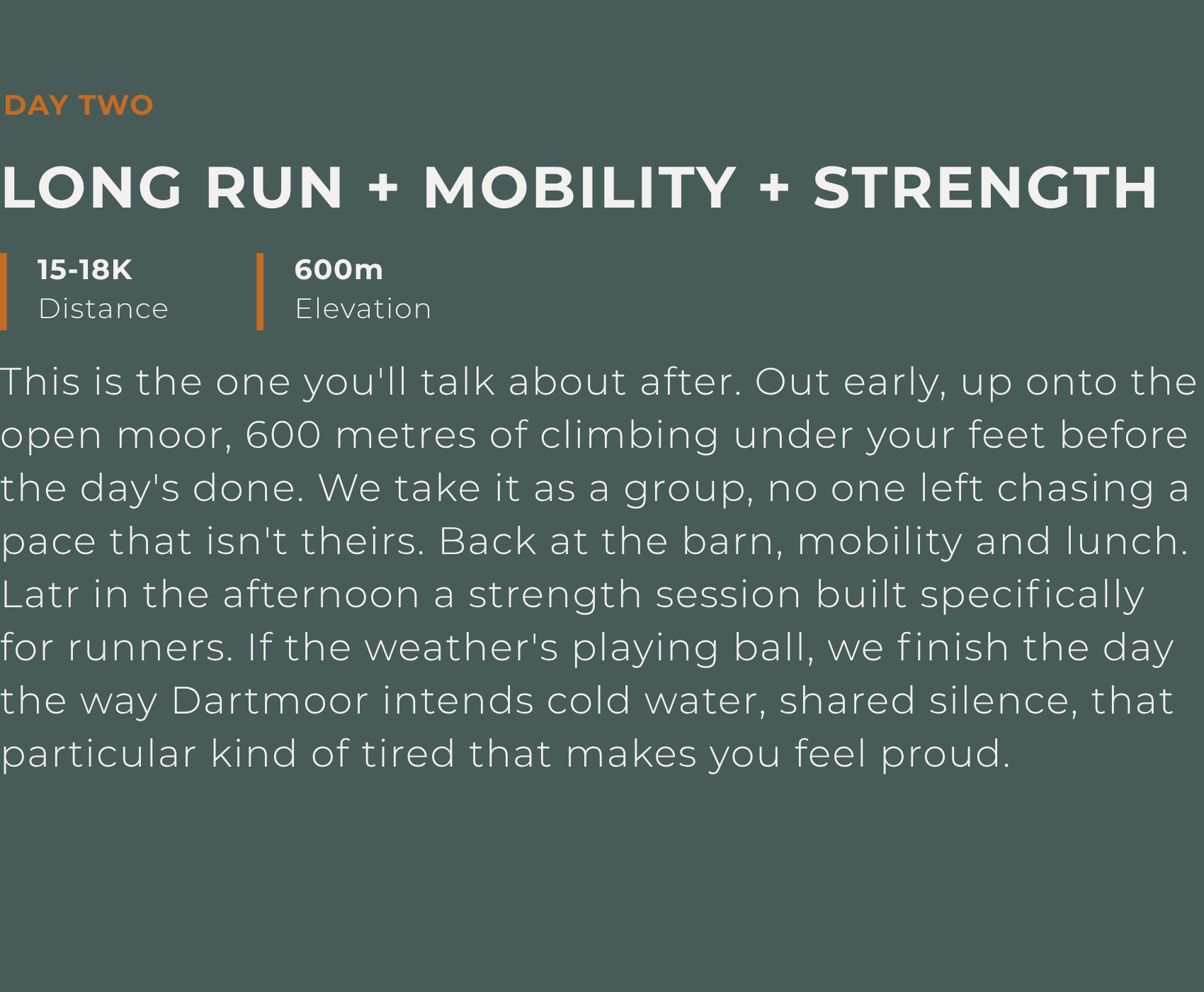A motivational poster with dark teal background, featuring text about a running session on day two, emphasizing long run, mobility, and strength, including details about distance, elevation, and a description of the day’s activities.