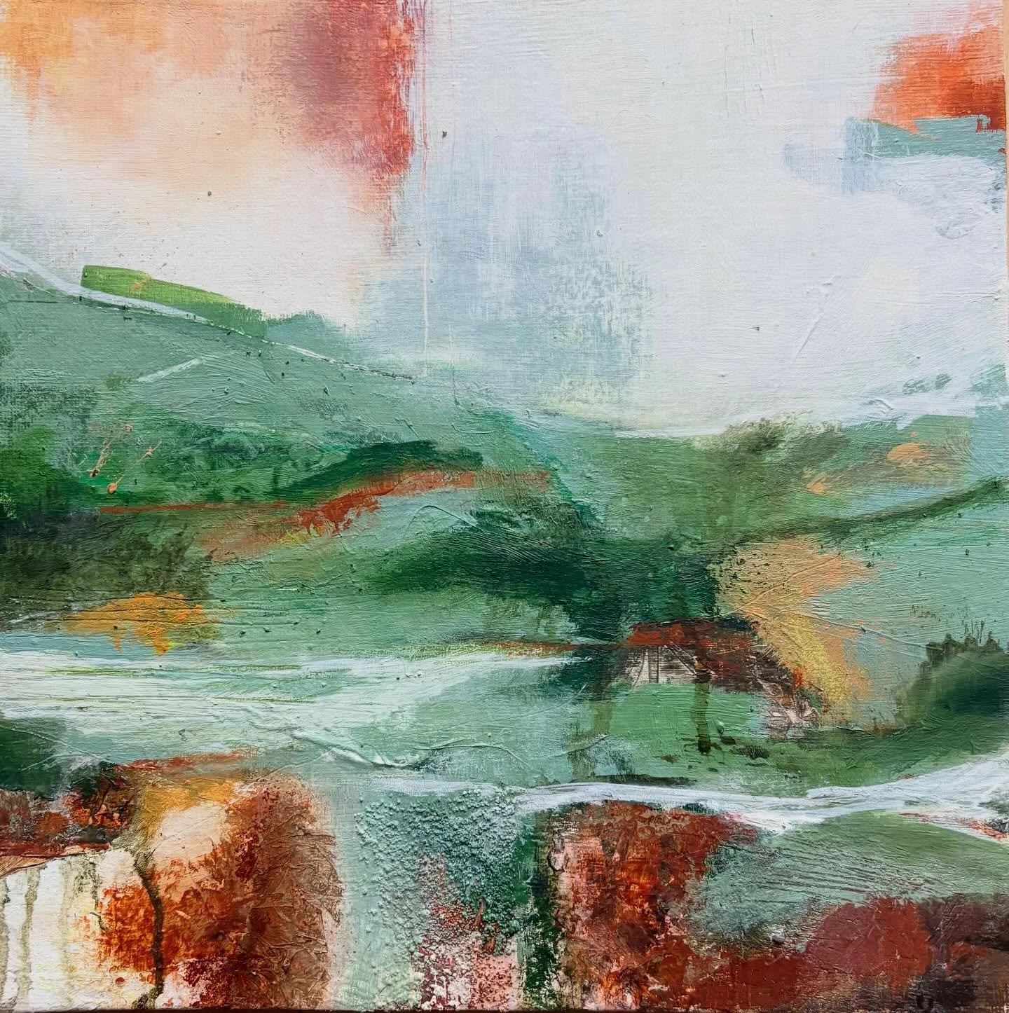 New work! &lsquo;Echoes of Emergence&rsquo;. At last, the first quiet signs of spring are on their way.  Mixed media on canvas panel. 25x25cm panel with white frame. #abstract #spring #art #mixedmediapainting #cornwall