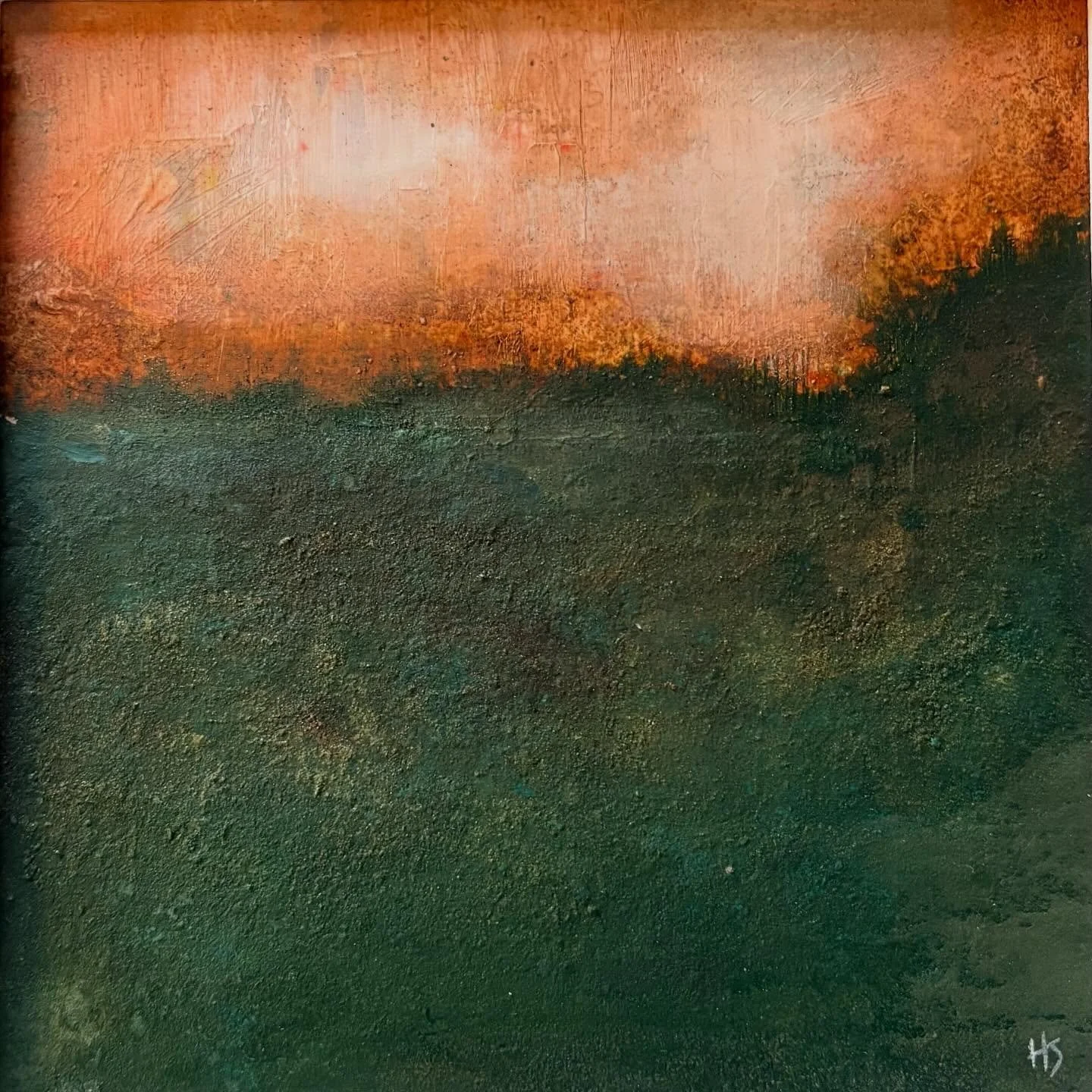 &lsquo;Saffron Silence.&rsquo; Lately I have been working with a different medium. I have been working with cold wax on wooden panels. Because it is cold water based wax it allows you to use acrylics instead of oils. I have lived working with this me