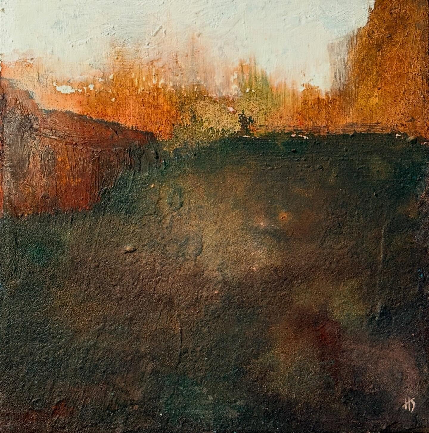 &lsquo;Amber Haze.&rsquo; The third in the series of autumn inspired mixed media panels. Water based cold wax on wooden panel. 20cm x 20cm. White frame included. More information available on my website. Click on the link in my bio. #amber #cornishla