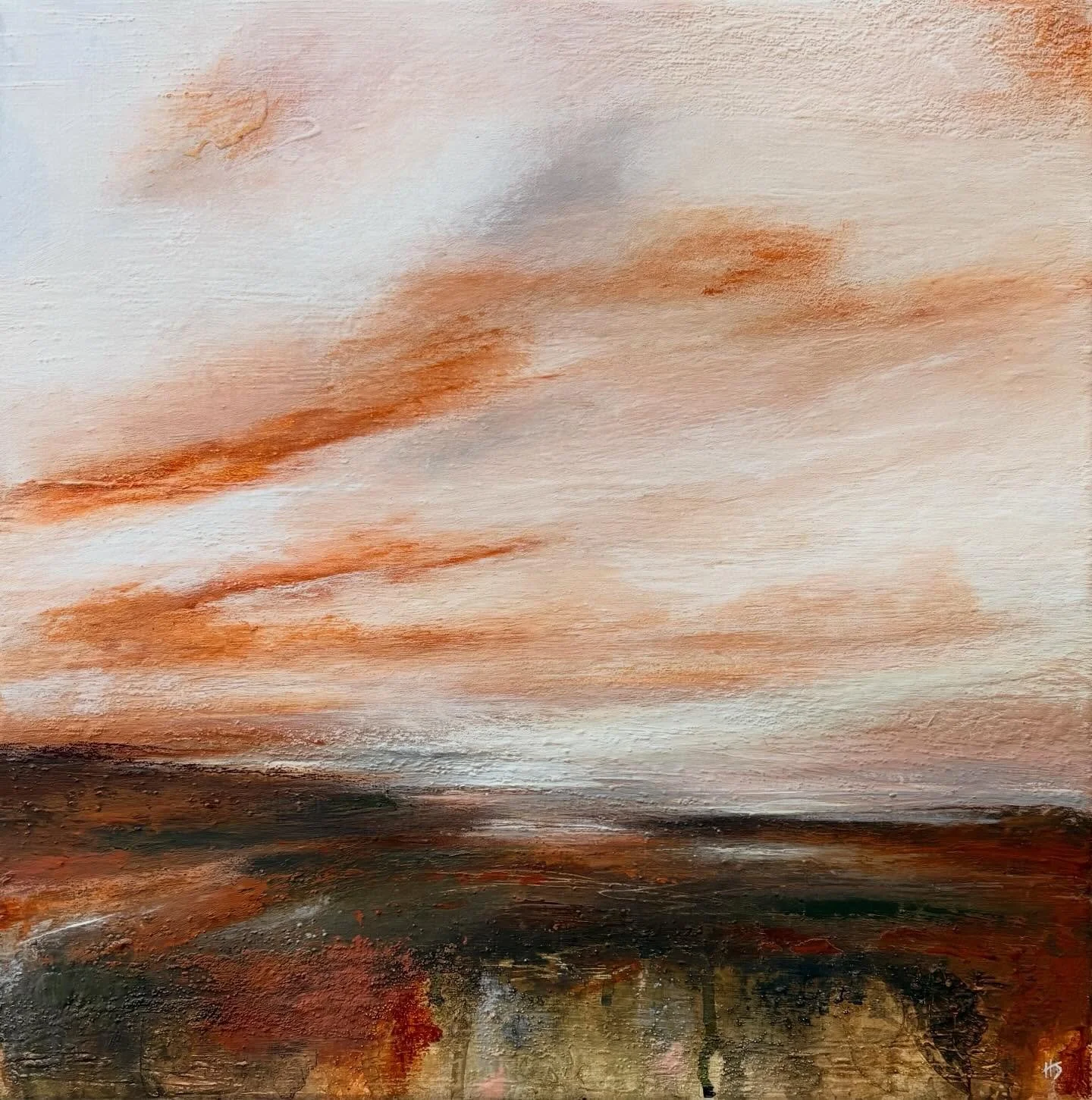 &lsquo;Bracken Beneath the Blush.&rsquo; Acrylic and mixed media on stretched canvas. Canvas size 40cm x 40cm. White frame available. See my website for more details. The link is in my bio. 🧡 #orange #home #cornwall #cornwallartists #mixedmediaart