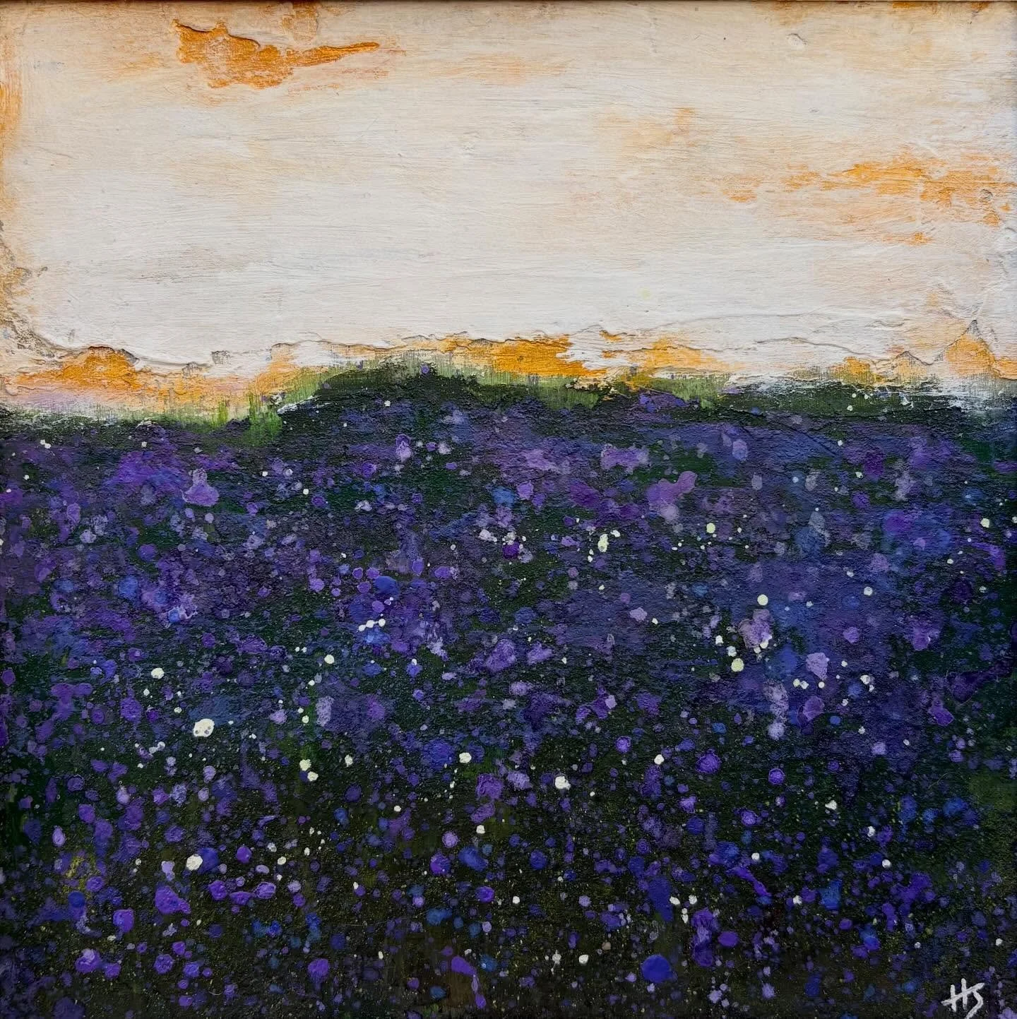 &lsquo;Among the Bluebell Bloom.&rsquo; New work-water based cold wax on wooden panel, 20cm x 20cm. White frame included. Visit my website for more details. The link is in my bio. This painting is inspired by the bluebells at Lanhydrock. The soft car
