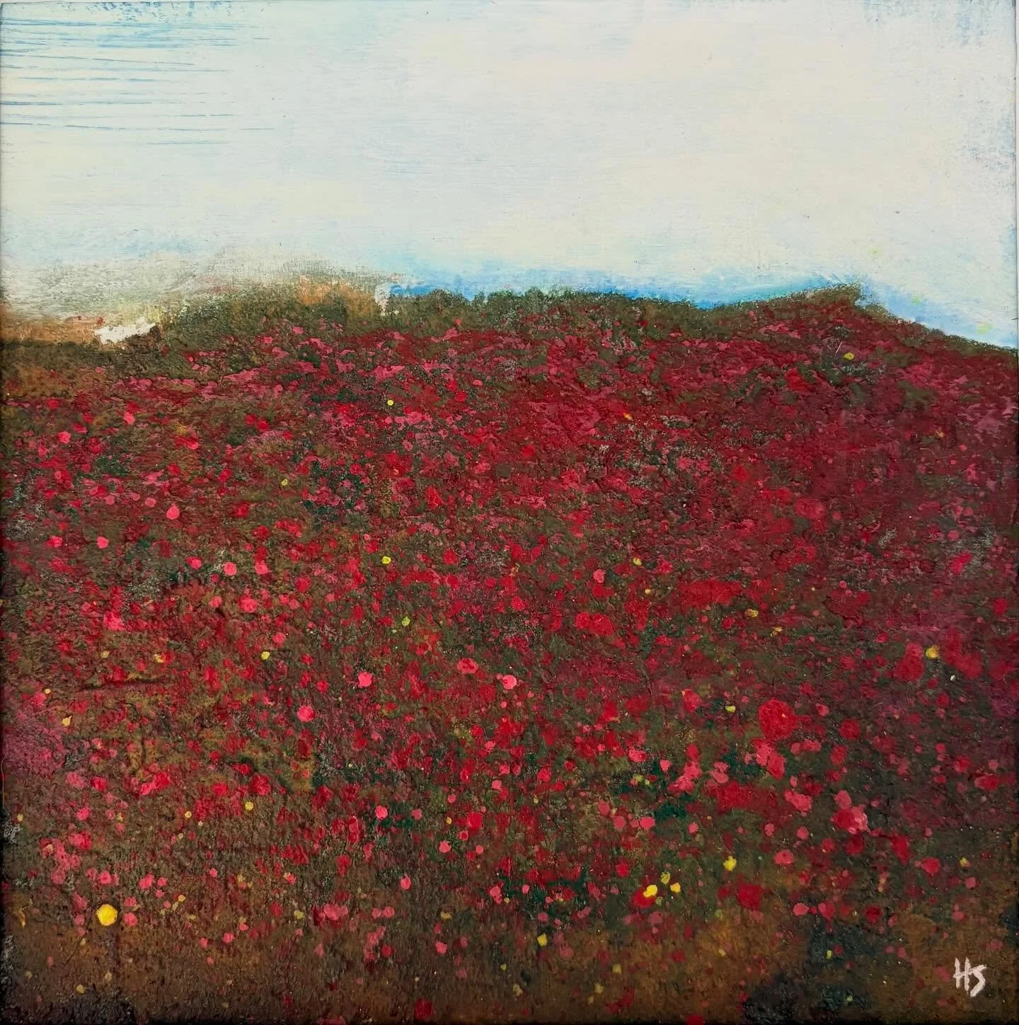 New painting in the spring collection- &lsquo;Crimson Meadow&rsquo;. Water based, cold wax and mixed media on wooden panel. 20cm x 20cm. White frame included. This painting will be available on my website from 5pm this evening. The link is in my bio.