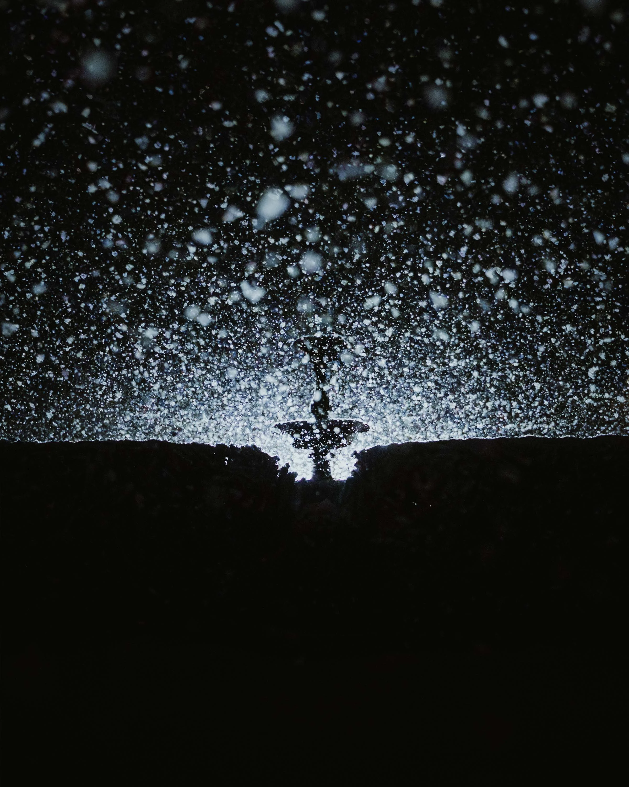 Nighttime photo of a vast starry sky with numerous small white stars and possibly snowflakes or light reflections, creating a dazzling, cosmic effect.