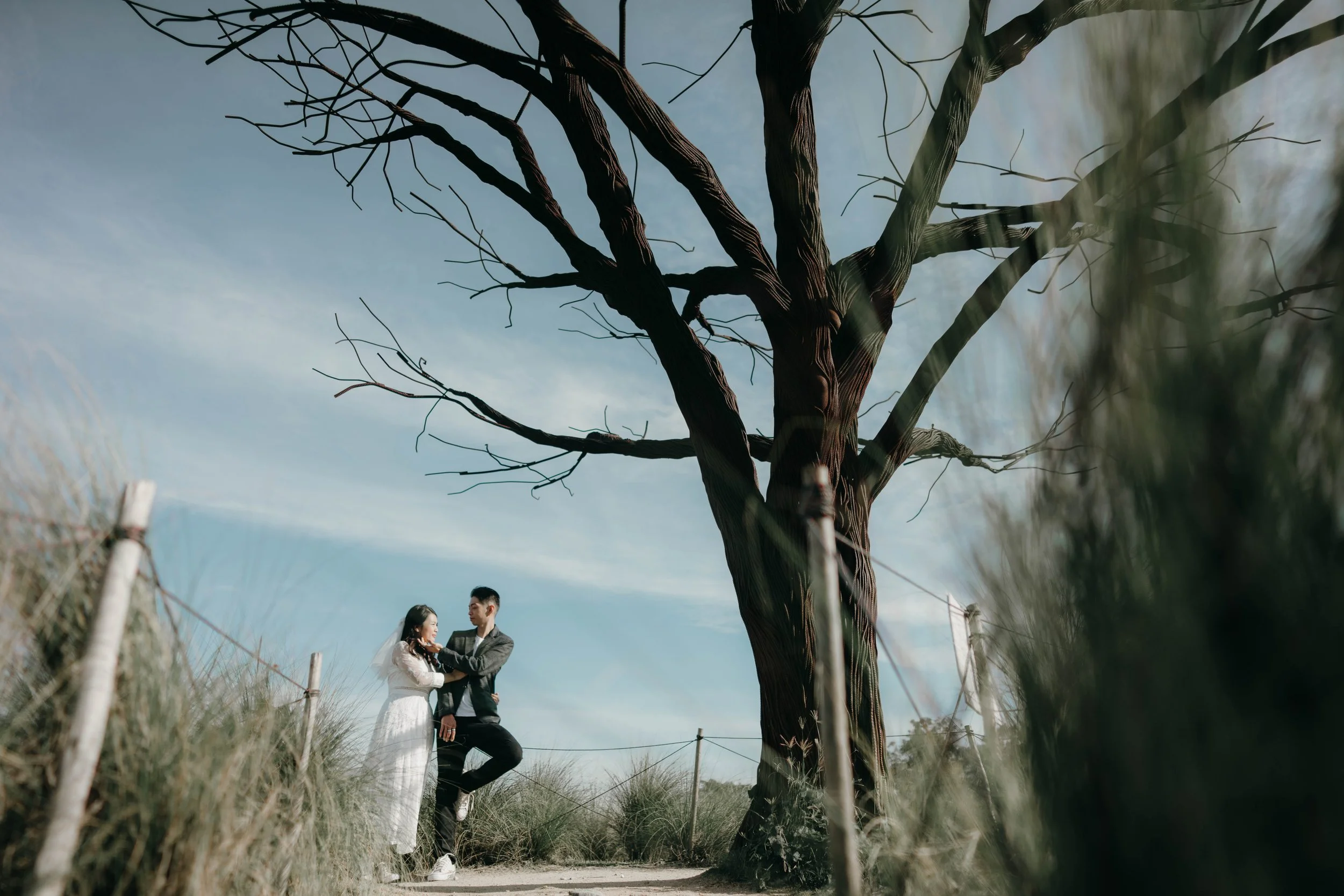 A couple, a woman in a white dress and a man in a gray jacket, standing on a dirt path near a tall, leafless tree under a blue sky.