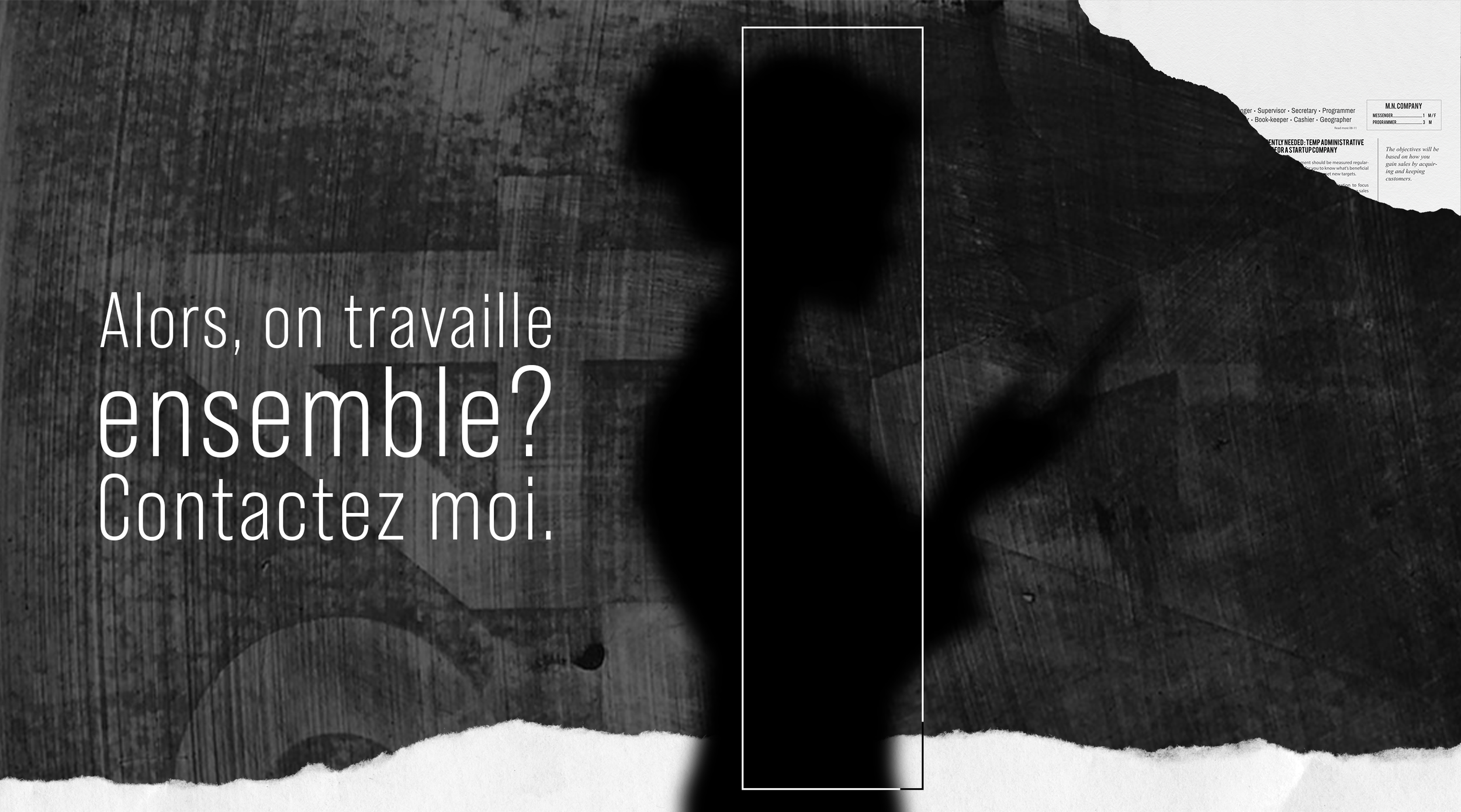Silhouette floue d'une personne en train de parler, sur fond sombre avec texte en français : « Alors, on travaille ensemble? Contactez moi ».