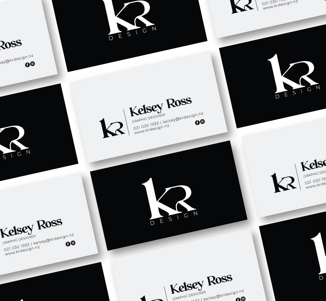 Business cards with black and white design, featuring the name Kelsey Ross, graphic designer, contact information, and logo with 'kr' initials.