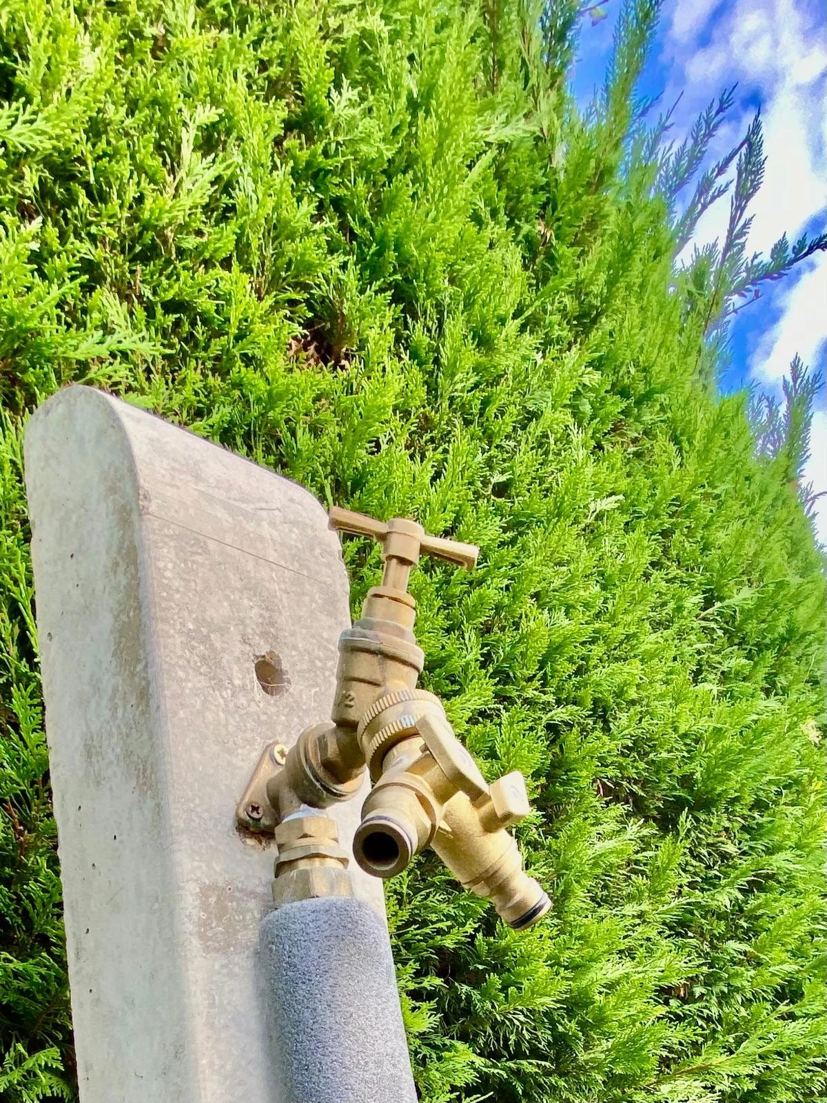 Outdoor water spigot with multiple valves attached, mounted on a concrete pole, surrounded by lush green bushes and a partly cloudy blue sky.
