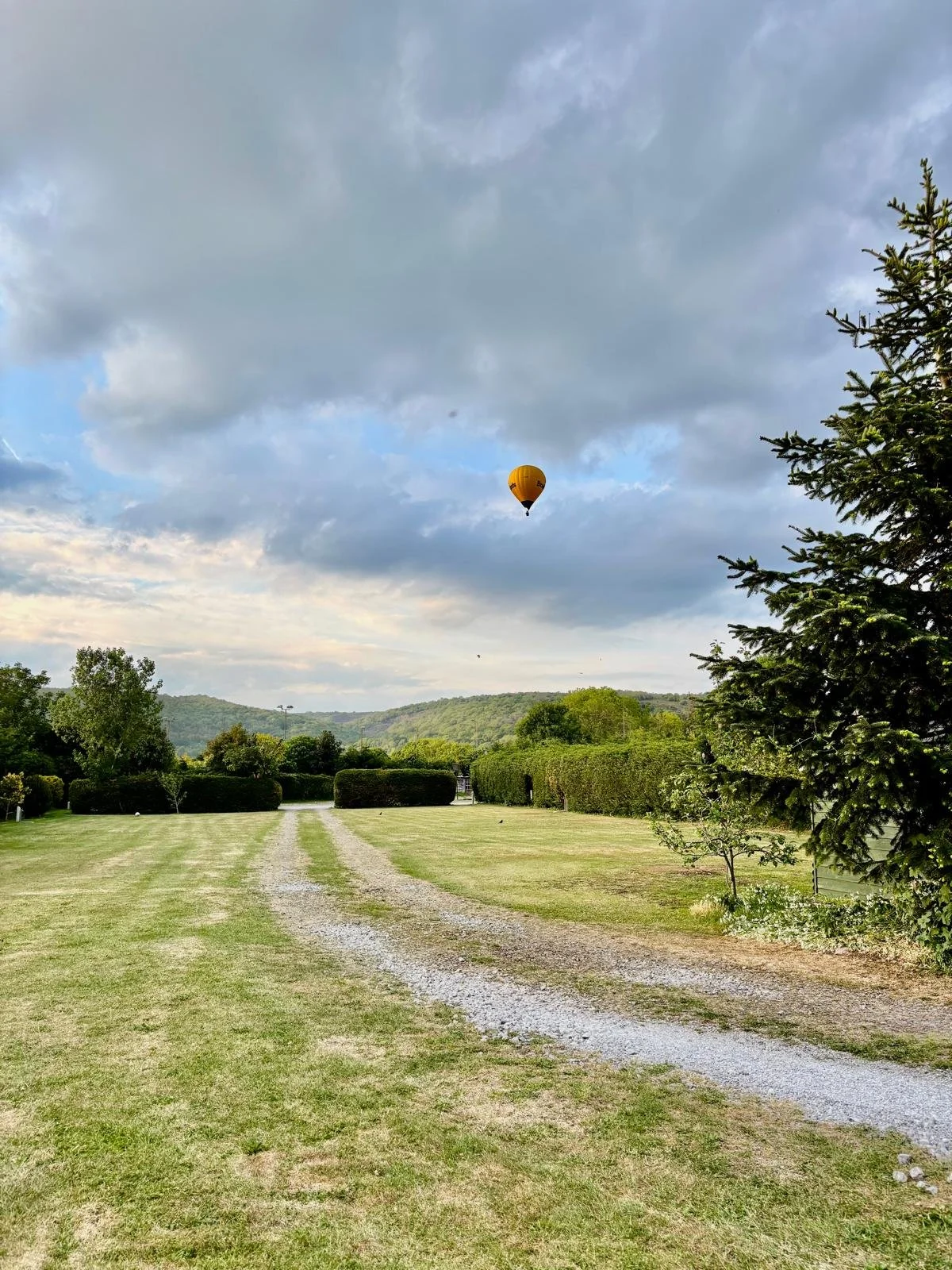 A yellow hot air balloon floating in the sky above a grassy field with trees and distant hills.