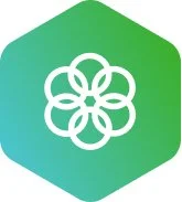 A white geometric flower-like symbol on a green gradient hexagonal background.