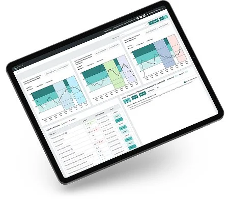 Digital tablet displaying business analytics with charts and data tables.