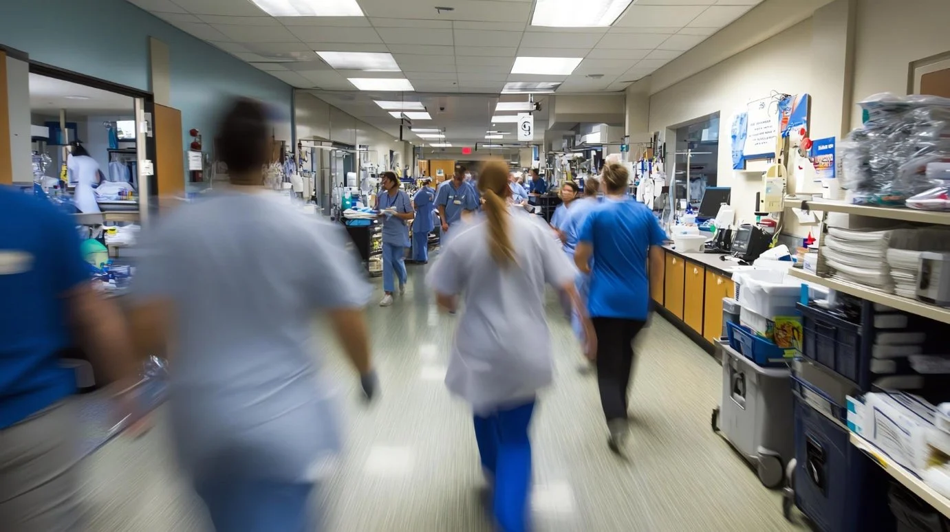 Hospital hallway with medical staff in scrubs walking and working.