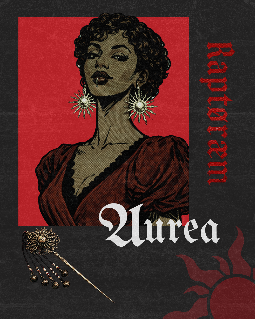 Illustration of a woman with curly hair, earrings, and makeup, wearing a red dress, with the words 'Raototorwa' vertically on the right side and 'Urea' at the bottom, featuring a pin with chains and beads, and a stylized sun design in the background.