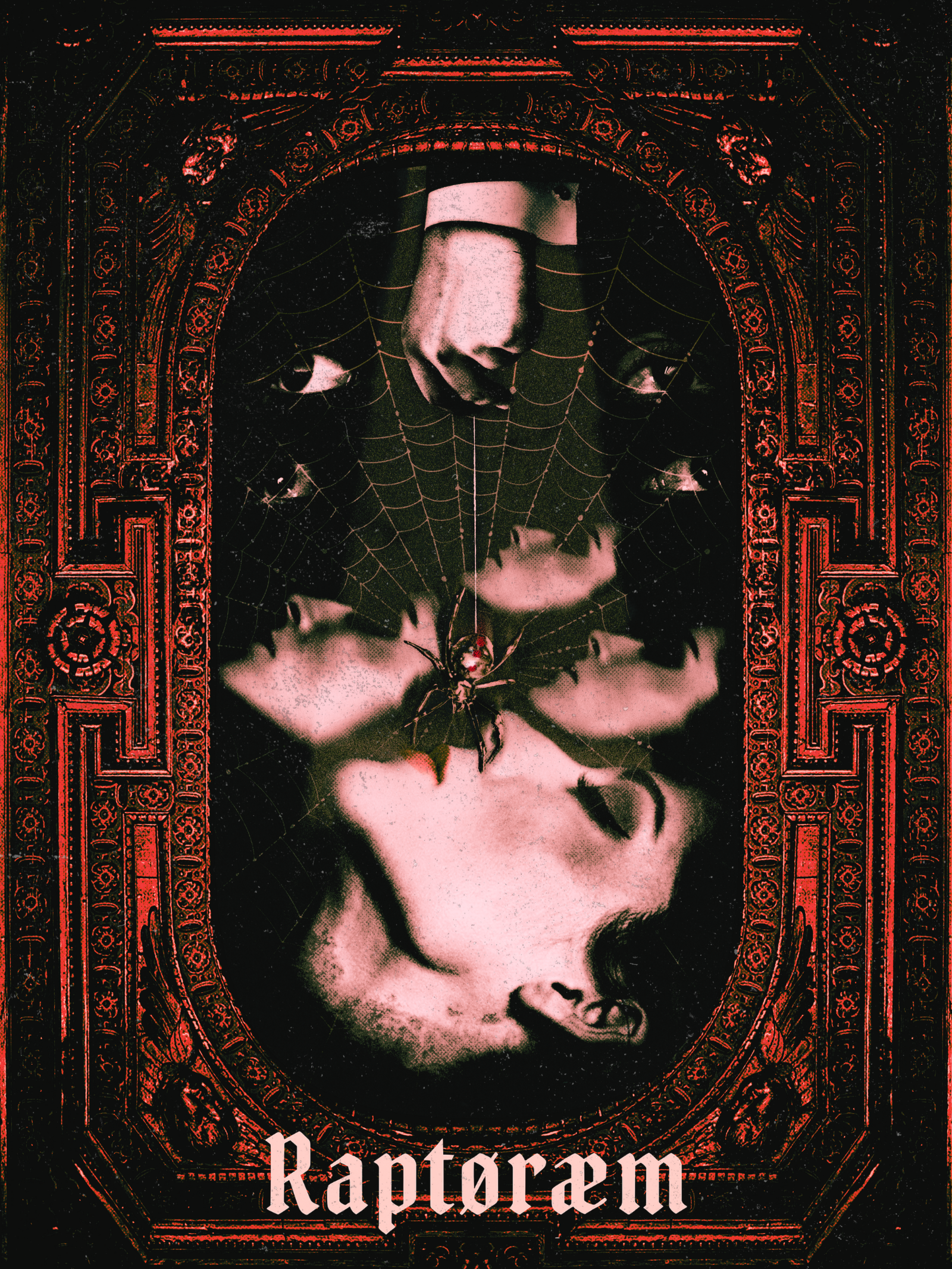 Dark Gothic-style artwork featuring a stylized female face with a spider on her shoulder, framed by intricate red and black ornate designs, with the word 'Raptorem' at the bottom.