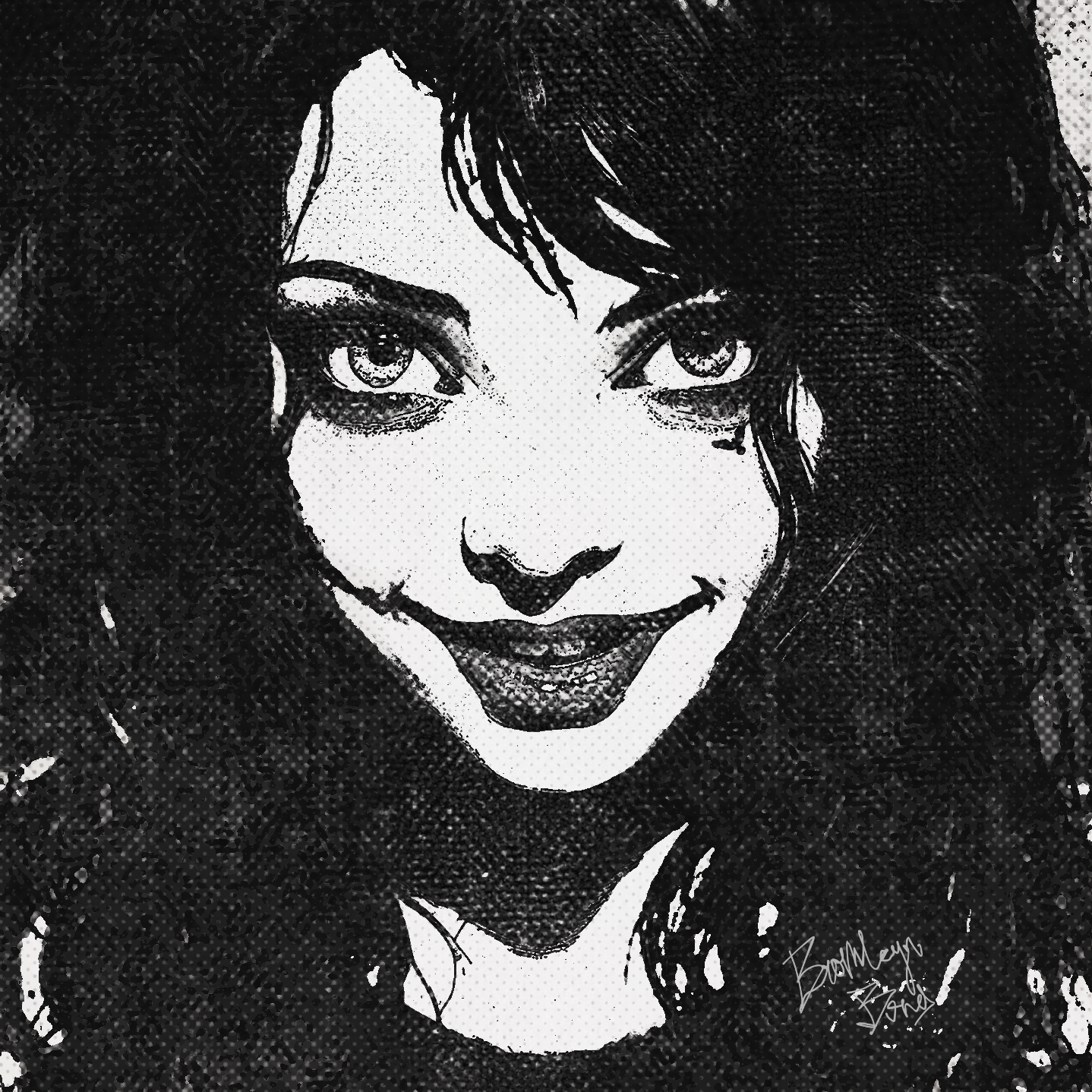 Black and white portrait of a smiling woman with dark hair and bright eyes.