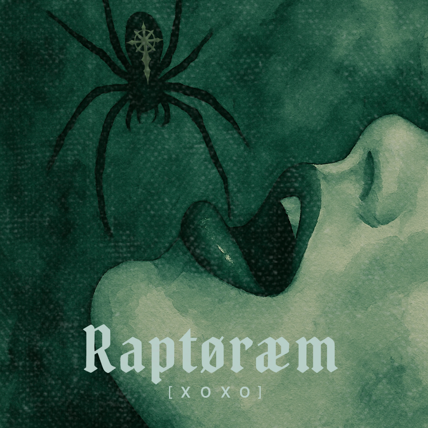 Album cover with a dark green background, a black spider with a symbol on its back sitting above a person's feet, and the text "Raptorem XOXO" in white gothic font.