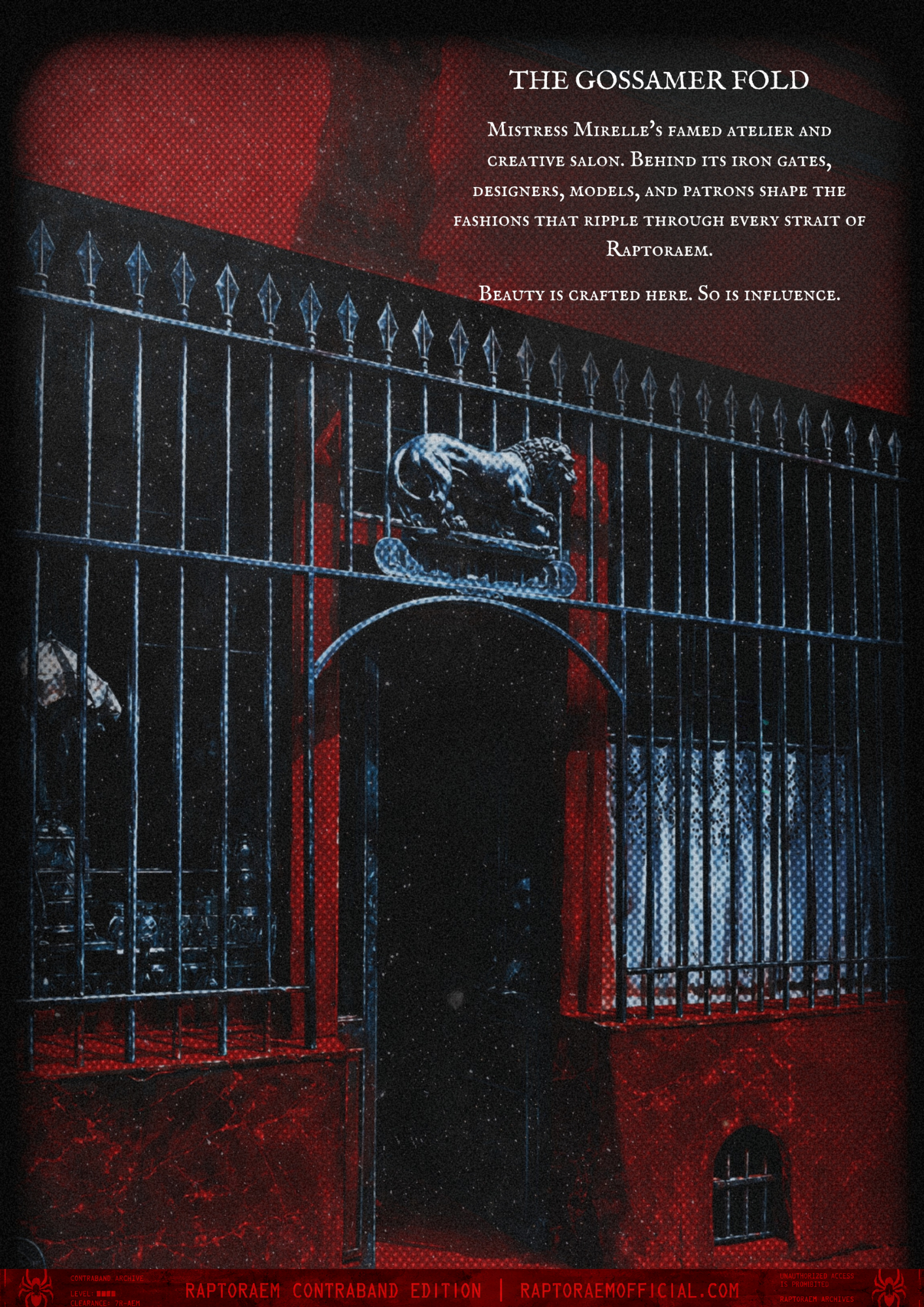 A metal gate with a lion crest and the text "The Gossamer Fold" at the top. Behind the gate, red walls and a dark interior are partially visible.