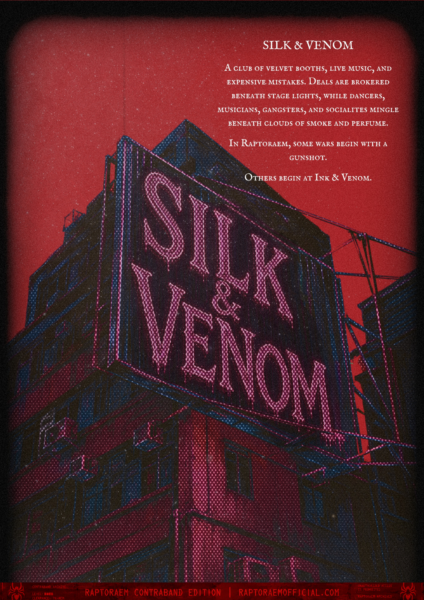 A digital artwork of a tall building with neon lights forming the words "Silk & Venom" at the top, against a red background with a starry sky. Text on the right describes a club with velvet booths, live music, and a mix of social groups, with a menti