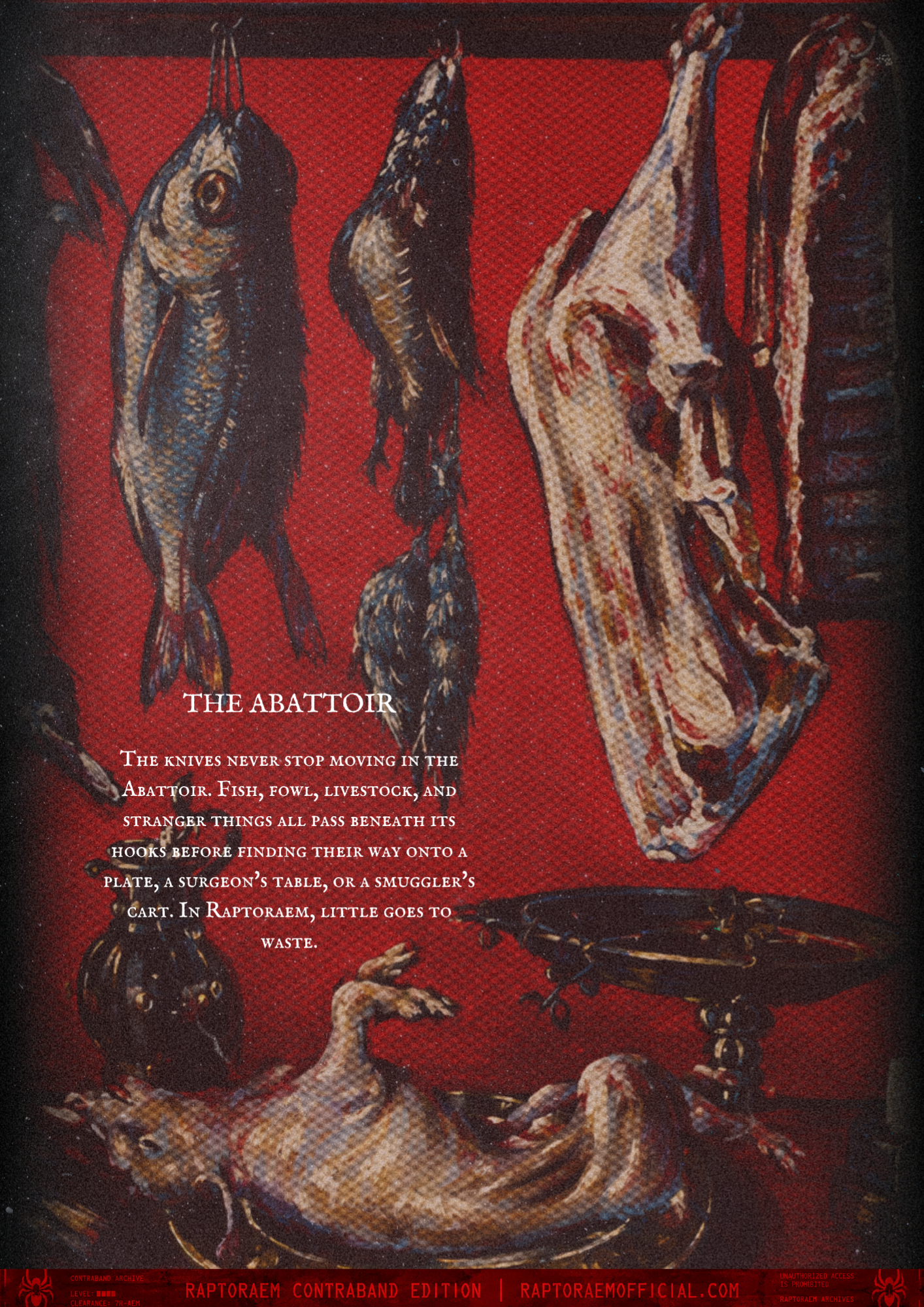 A collection of fish and a small animal, such as a mouse, arranged on a red background with some black elements. The fish are displayed vertically, with details visible in their scales and fins. The image also contains some text about the significanc