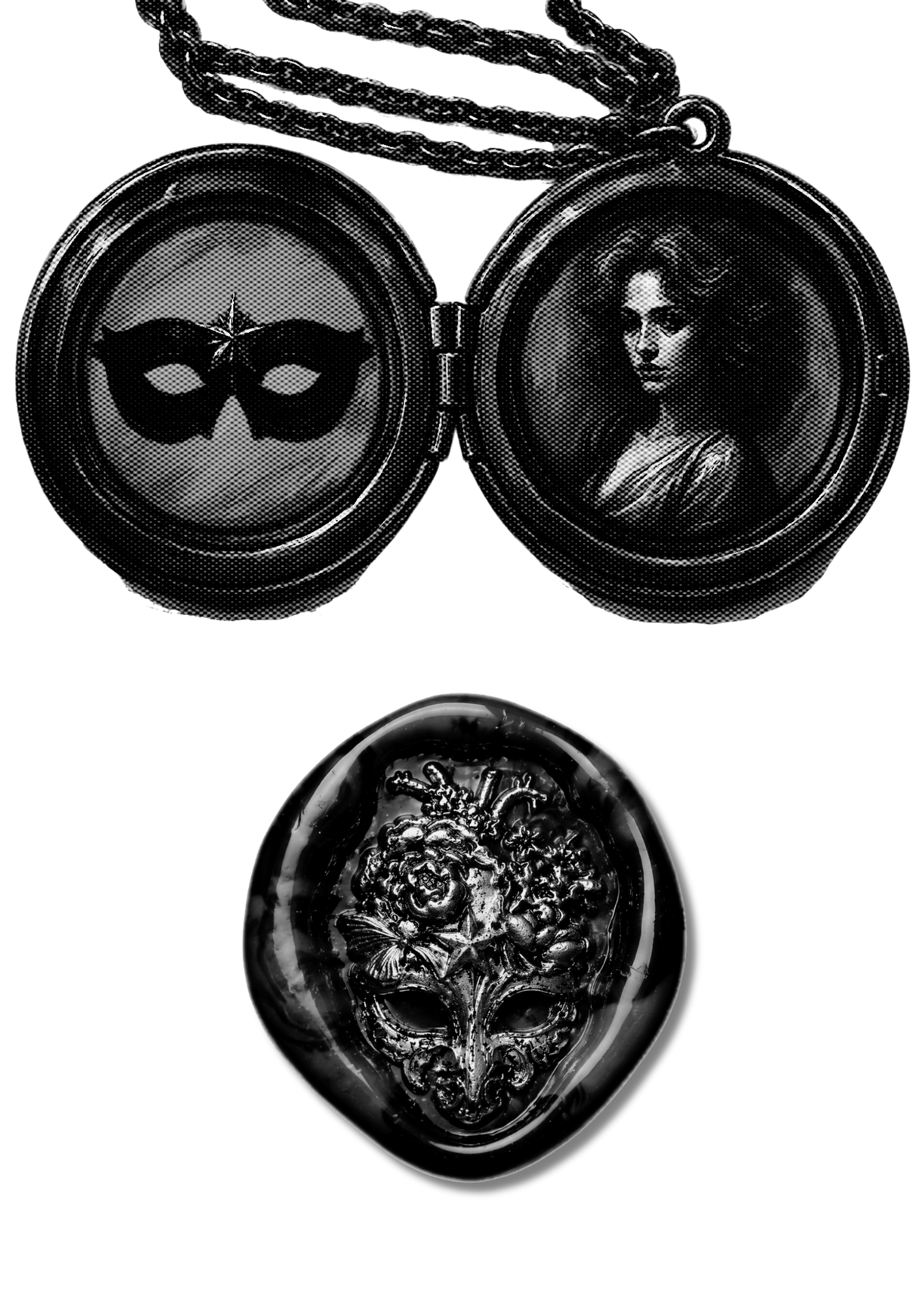 Close-up of watches and jewelry featuring a masquerade mask, a woman's portrait, and a skull design, all in black and white.