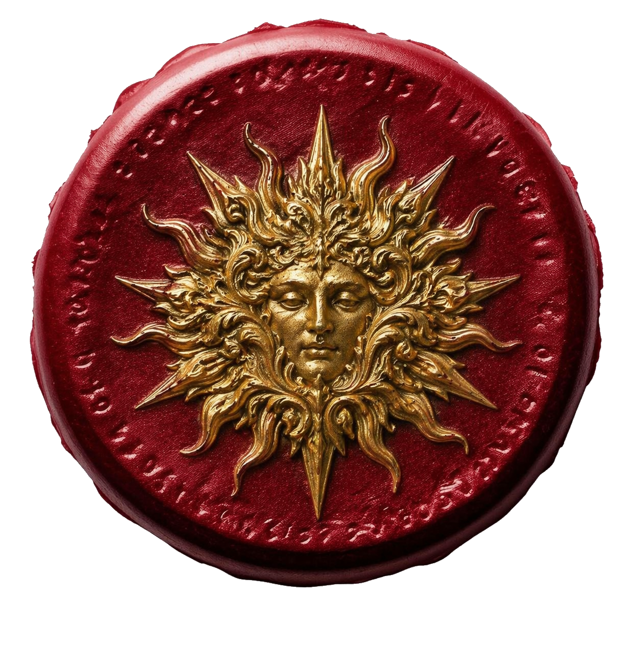 A red wax seal featuring a gold emblem of a woman's face with flowing hair, surrounded by intricate detailing.