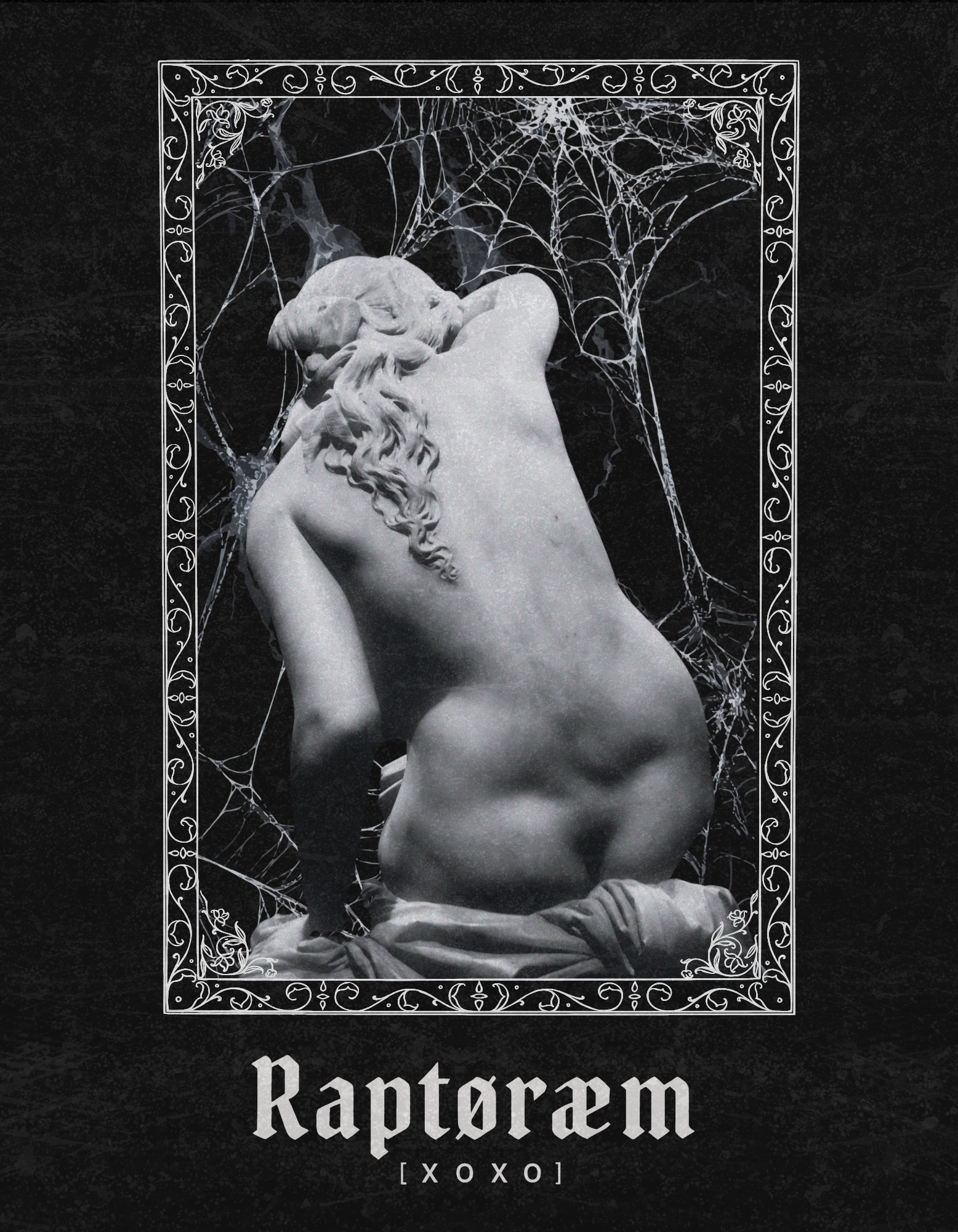 A black and white illustration of a statue of a nude woman with long hair, surrounded by illustrated cobwebs and decorative borders. The word 'Raptoraem' appears underneath, with '[XOX]' below it.