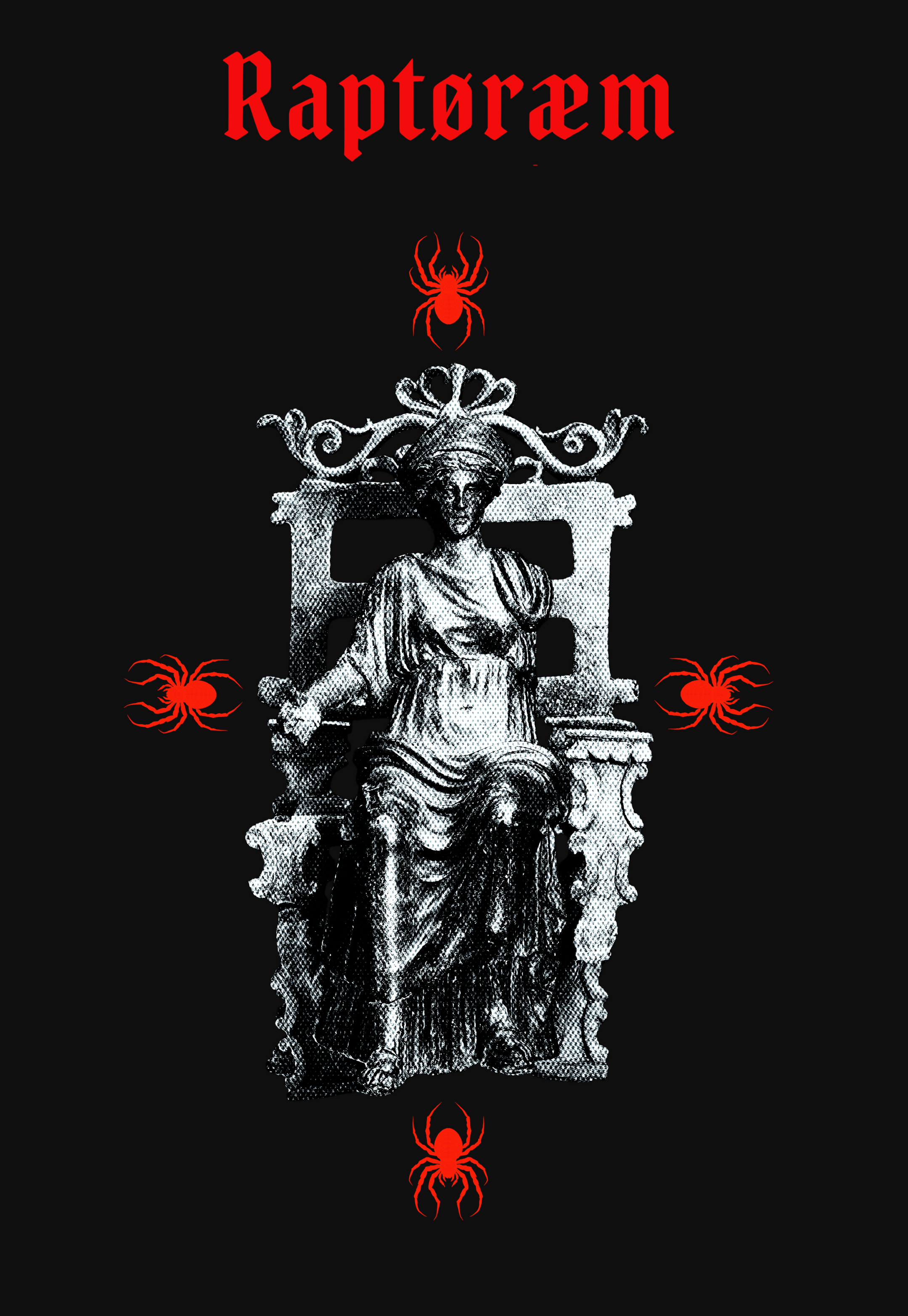 Black background with the word 'Raptorm' in red gothic font at the top. A red spider is centered below the text. A black-and-white statue of a seated woman with a crown and flowing garments is below the spider. Four red spiders are positioned at the corners and bottom of the image.