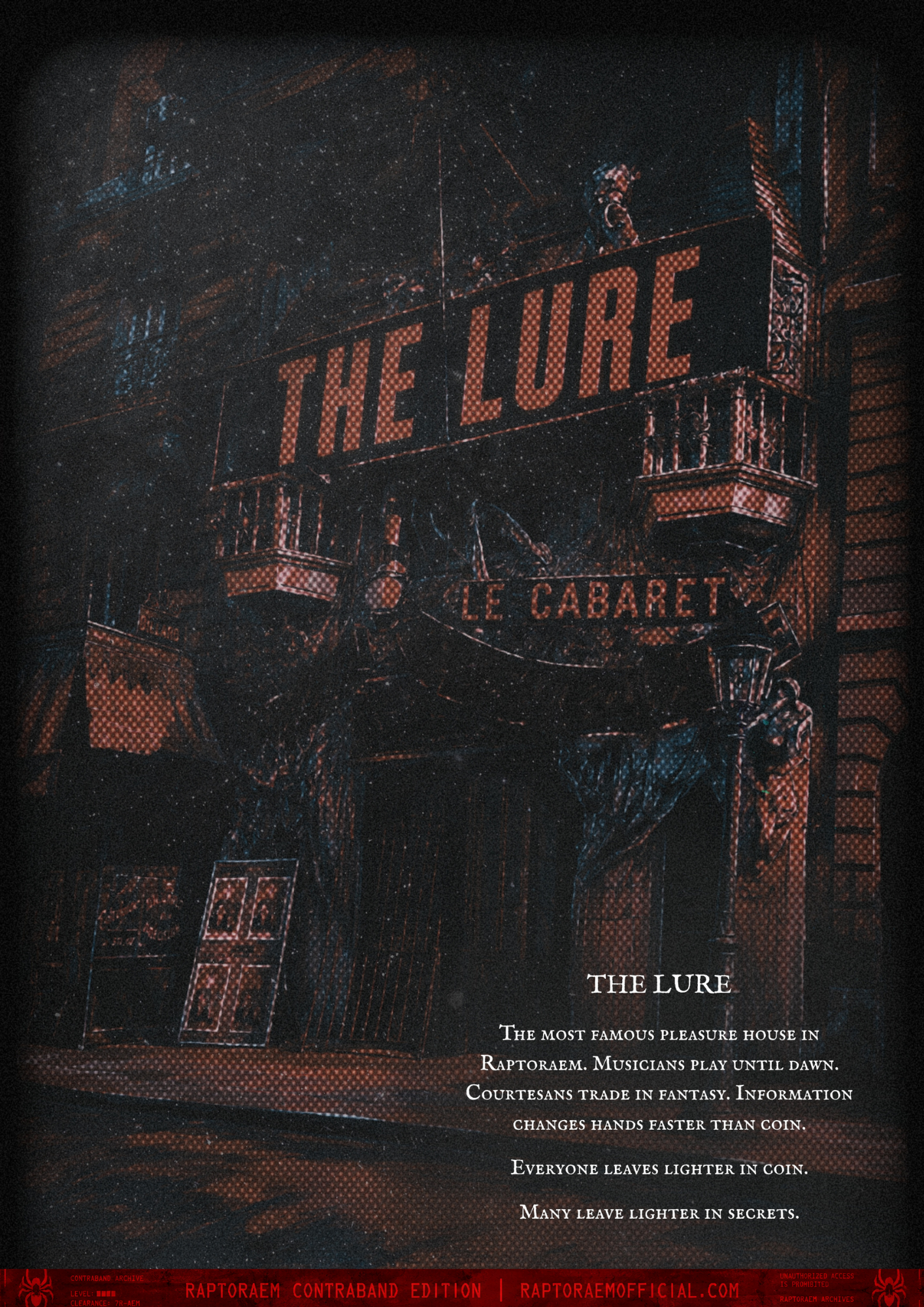 Nighttime city street scene with red neon signs, including one that says 'THE LURE' and another that says 'LE CABARET'; dark buildings with balconies and illuminated windows; decorative street lamp; promotional text at the bottom about 'Raptoraem Con