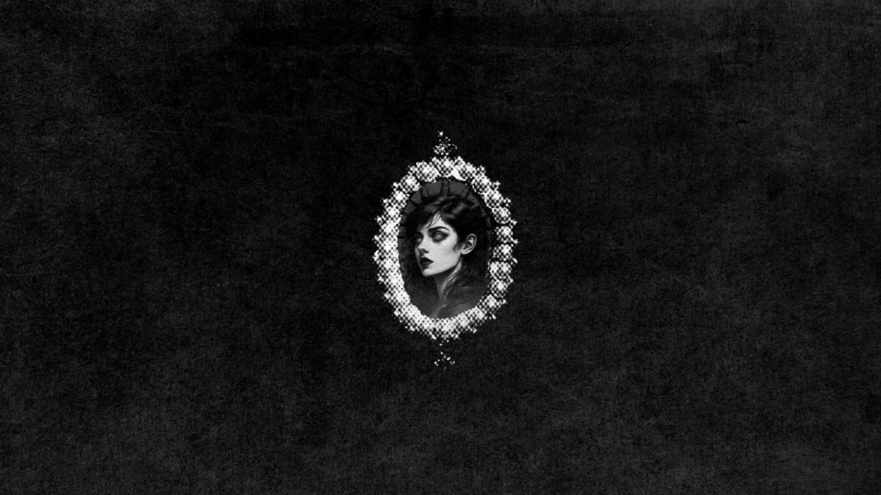 Black and white image of a woman with dark hair and makeup, framed by a sparkling oval border, against a black background.