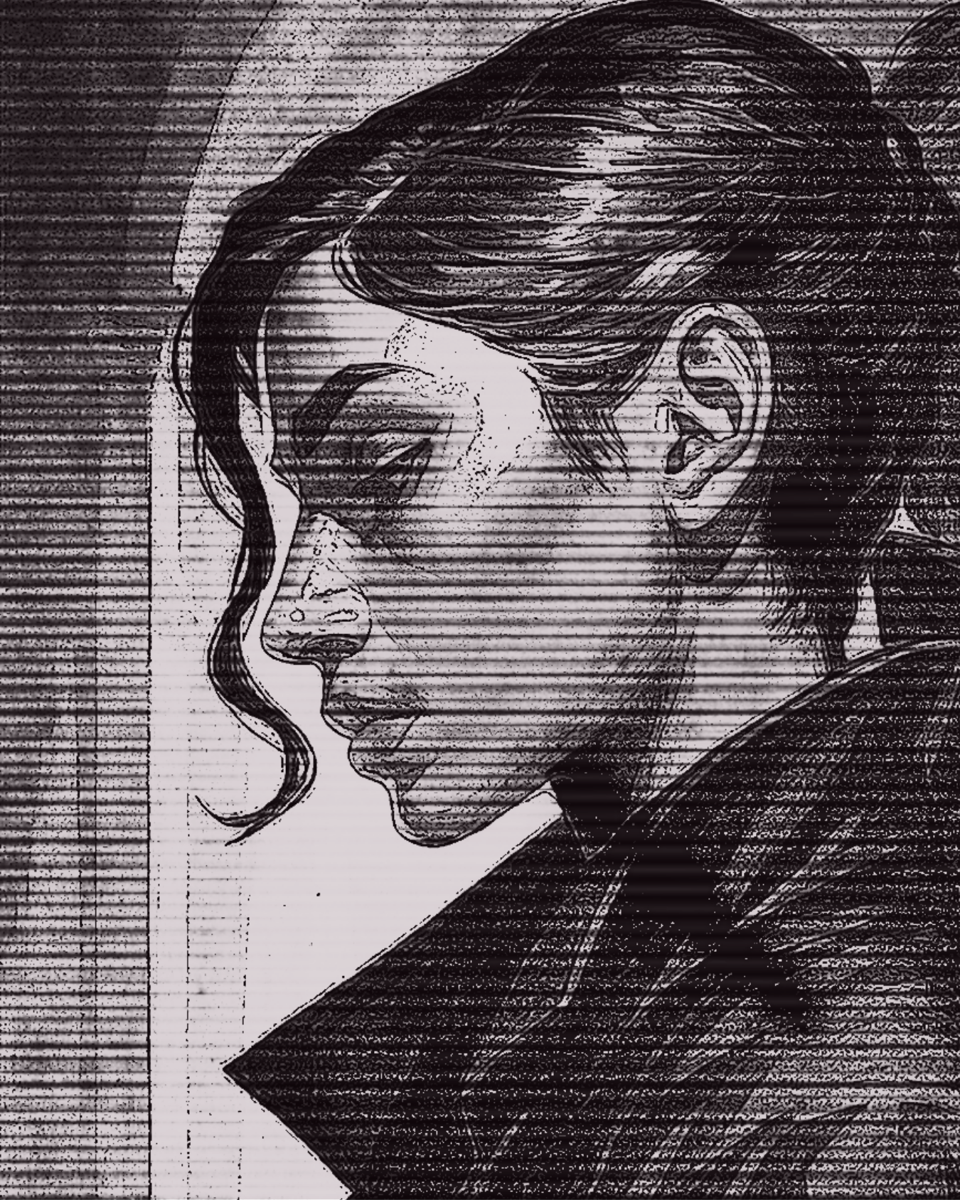 A black and white sketch of a person in profile with long hair, eyes closed, and a calm expression, with a textured background.