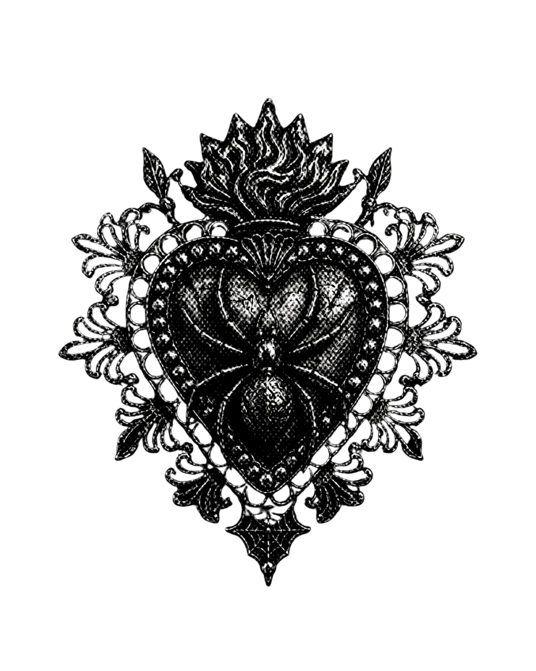 A detailed black and white drawing of a heart with a spider and web inside, surrounded by ornate floral and leaf patterns, with flames or smoke above.