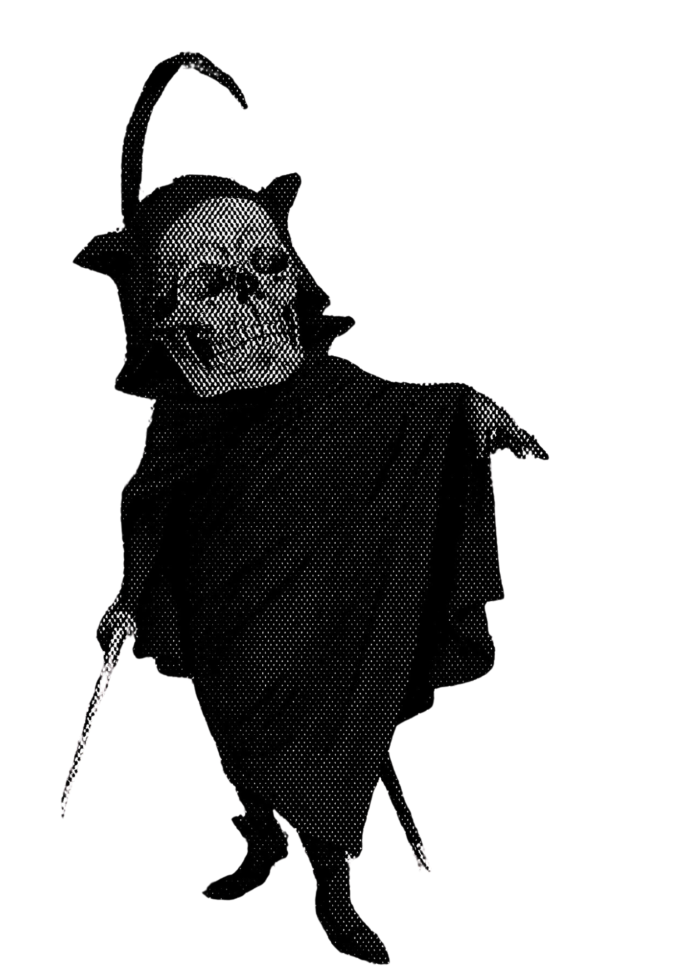 A digital illustration of a woman in a witch costume, wearing a wide-brimmed witch hat with a feather, a dress with a high collar, and holding a stick or wand. The image is rendered in a halftone dot style with a black background.