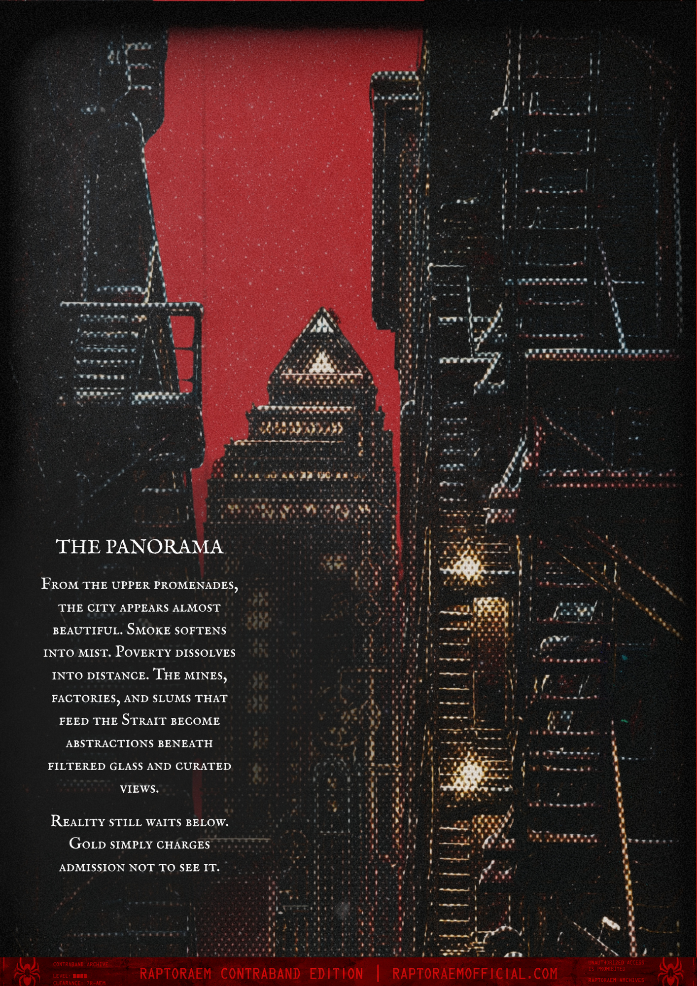 A city skyline with tall buildings, some with lit windows, and a red sky in the background. Text overlay describes the urban scene and poetic reflections about the city and its surroundings.