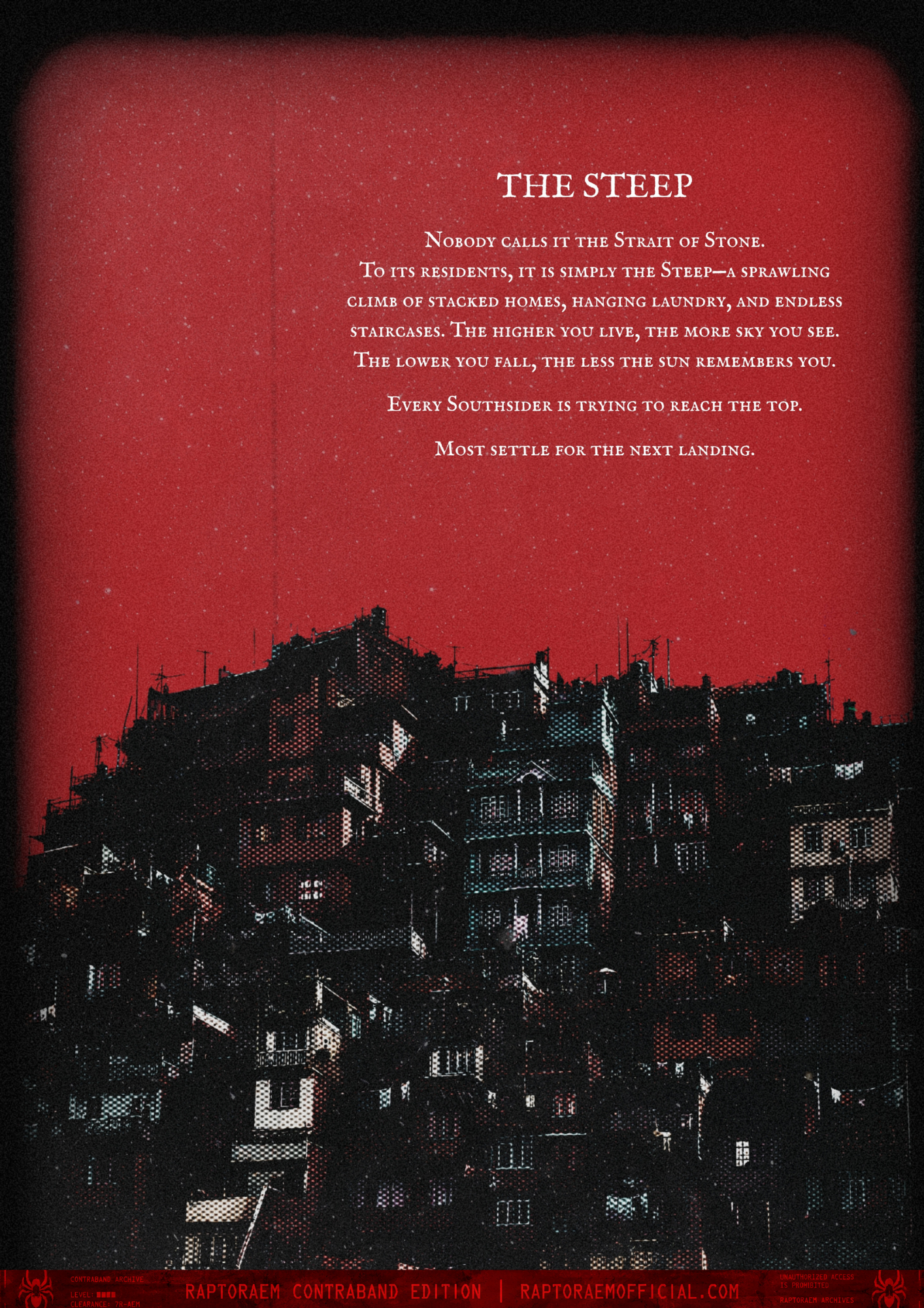 A poster with a red sky and black silhouette of a cityscape, featuring a poem titled 'The Steep' about stacked houses reaching towards the sky.