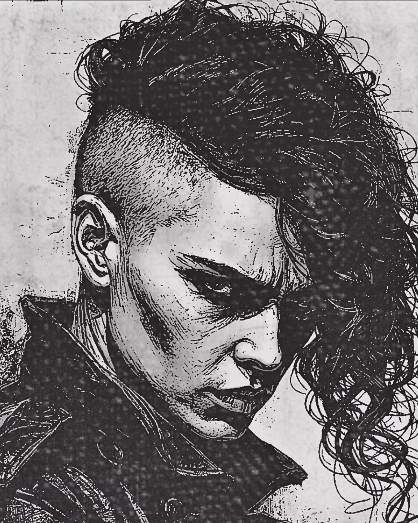 Black and white sketch of a man with a short hairstyle on the sides, long curly hair on top, and a thick mustache, wearing a leather jacket.