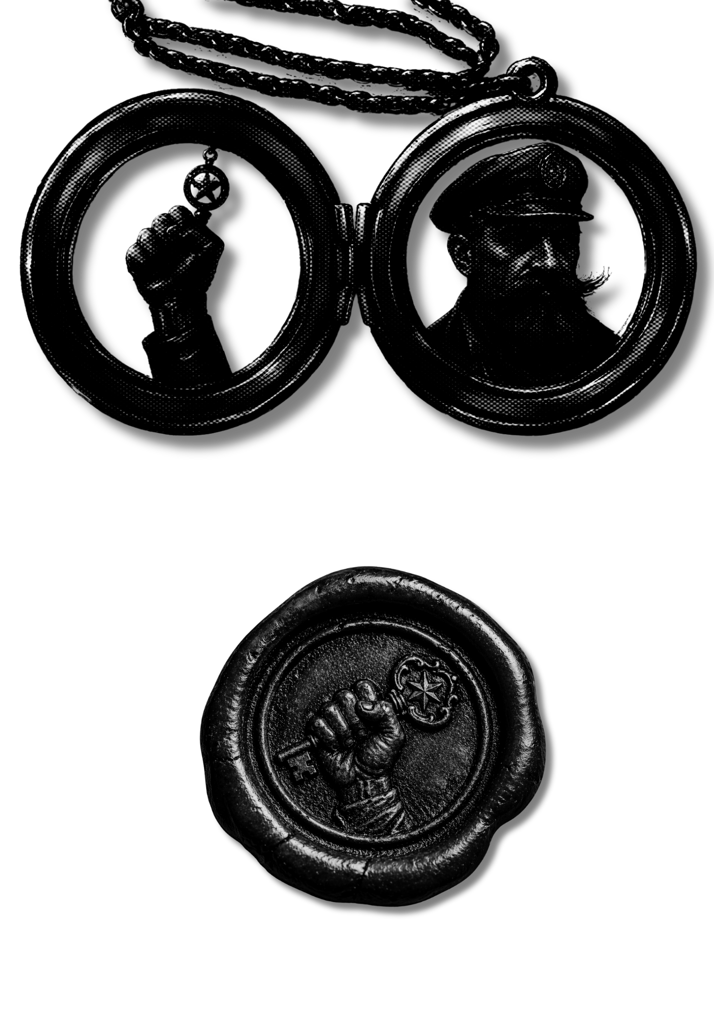 A black and white photograph of a hand gripping a ring-shaped object with a star emblem on it, likely a medal or badge, set against a dark background.