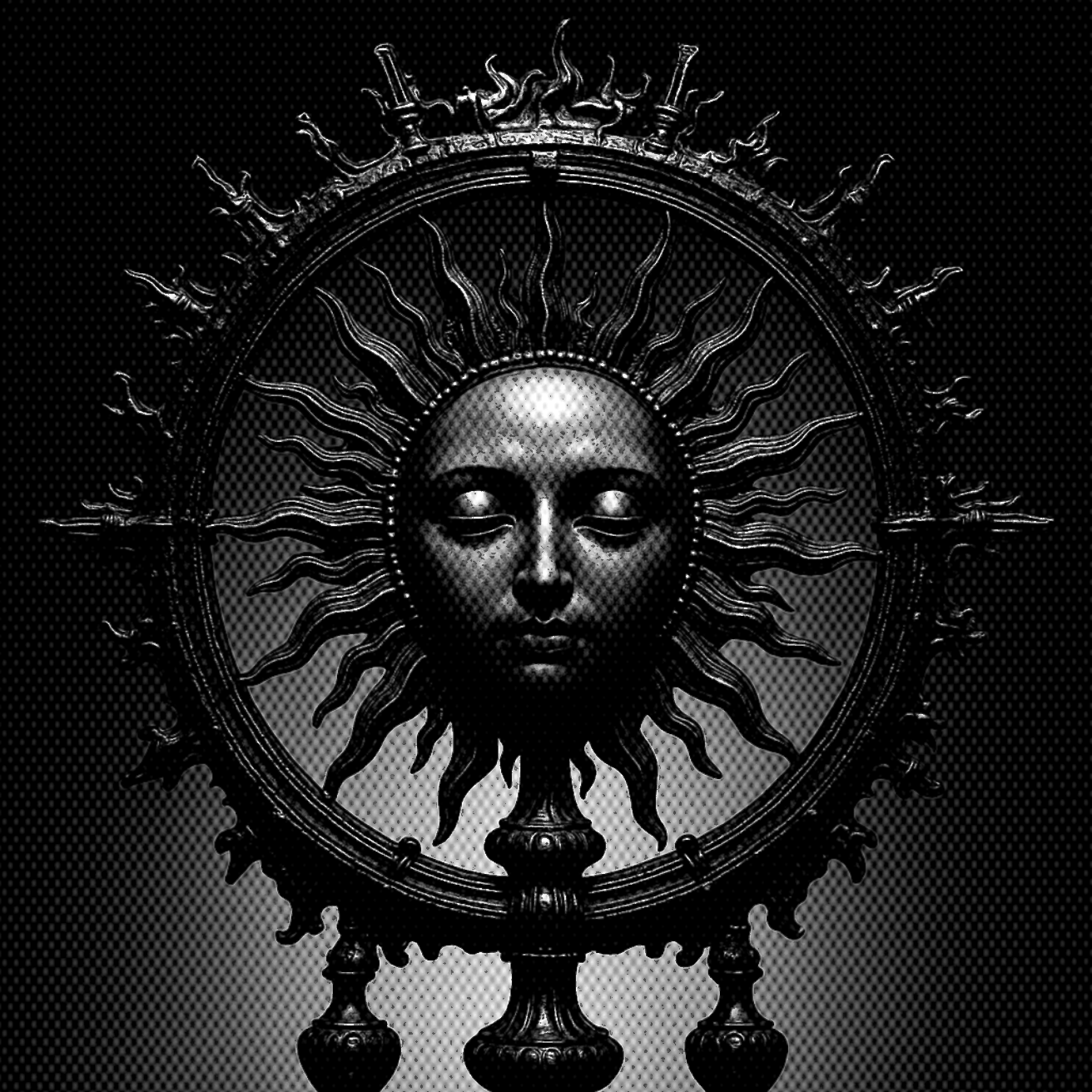 A black and white decorative metal sun sculpture with a human face at the center, surrounded by sun rays and intricate metalwork, mounted on a stand.