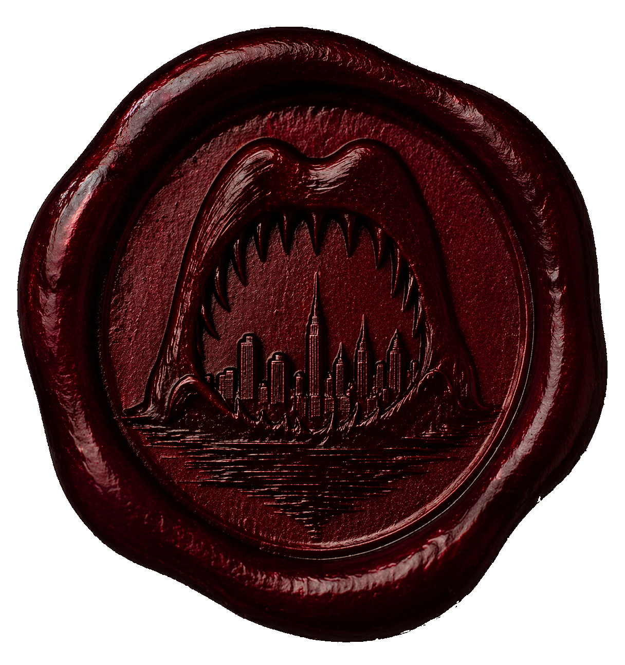 A red wax seal featuring a design of a giant monster's mouth with sharp teeth, opening to reveal a cityscape of tall skyscrapers inside.