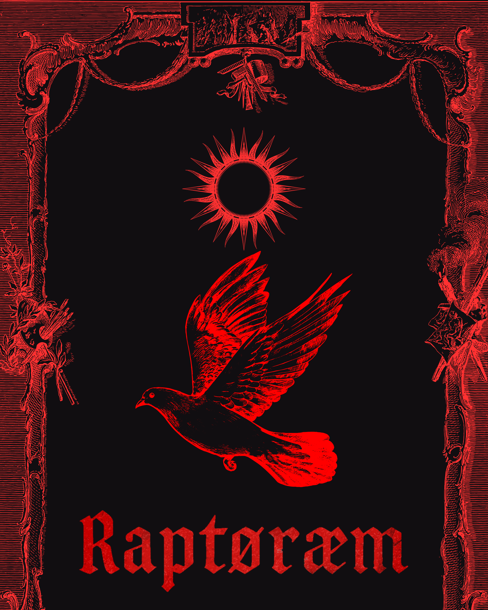 A black and red illustration with intricate border designs featuring skulls, a crescent moon, a bird, and a sun motif, with the word 'Raptoraem' at the bottom.