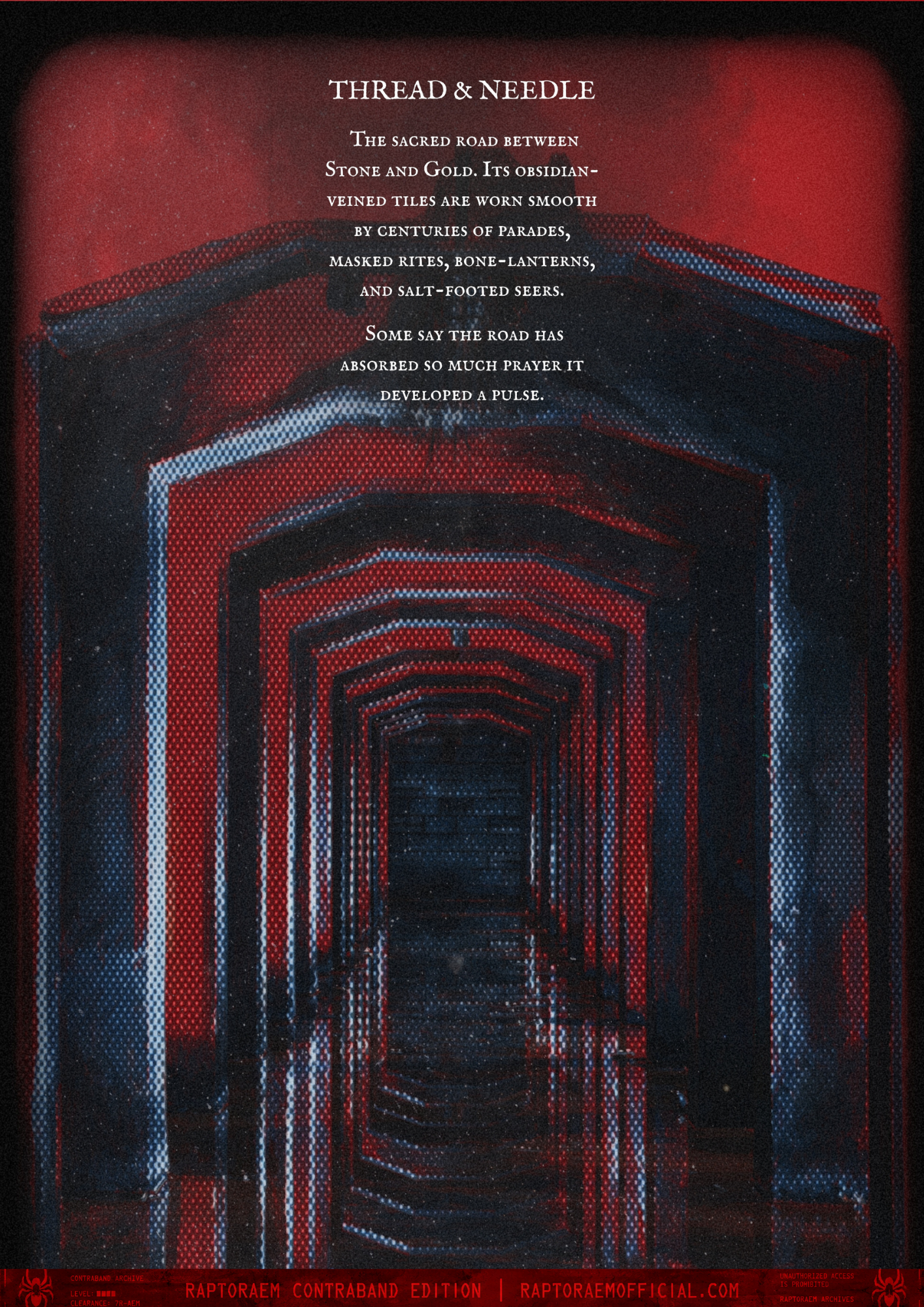 A digital artwork featuring a series of concentric archways with a digital glitch style, rendered in red, blue, and black tones, with a text overlay describing the significance of the road between stone and gold, likened to an obsidian vein worn smoo