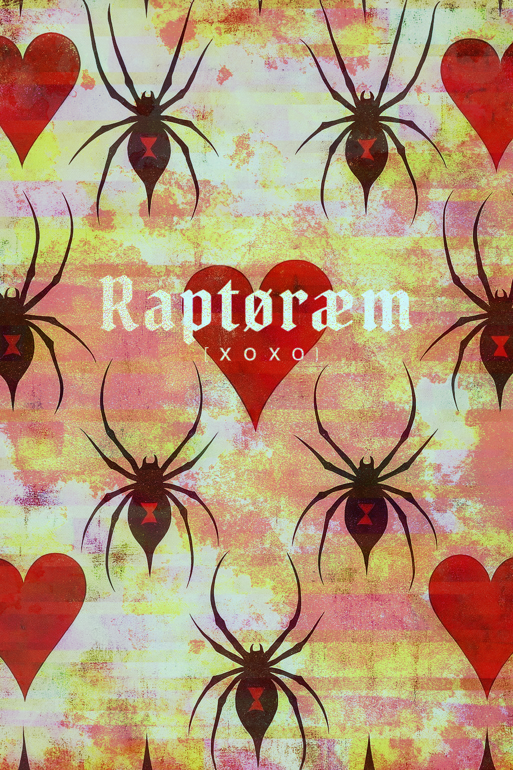 A graphic design featuring black spiders with red hourglass markings on their bodies, pink and red hearts, and the word "Raptor" with "XOXO" inside a large red heart in the center.