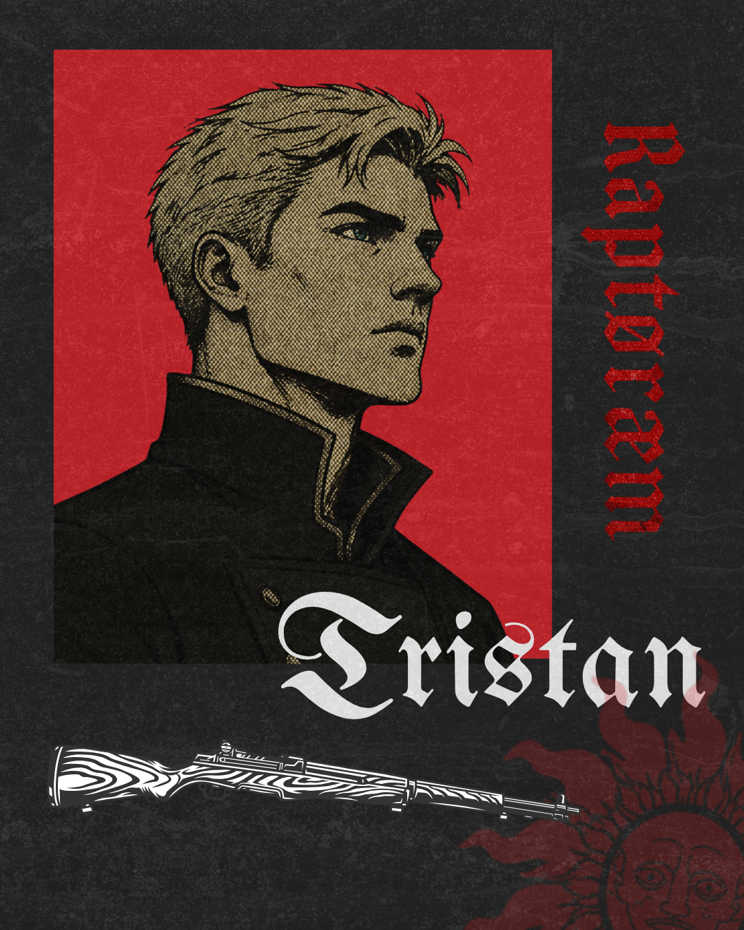 Illustration of a young man with blonde hair, wearing a black military-style jacket, looking to the right. The background has a red rectangle behind his head, with the word 'Radiator' written vertically in red and black. The name 'Tristan' is written in white gothic-style text at the bottom, with a stylized rifle and sun logo on the right.