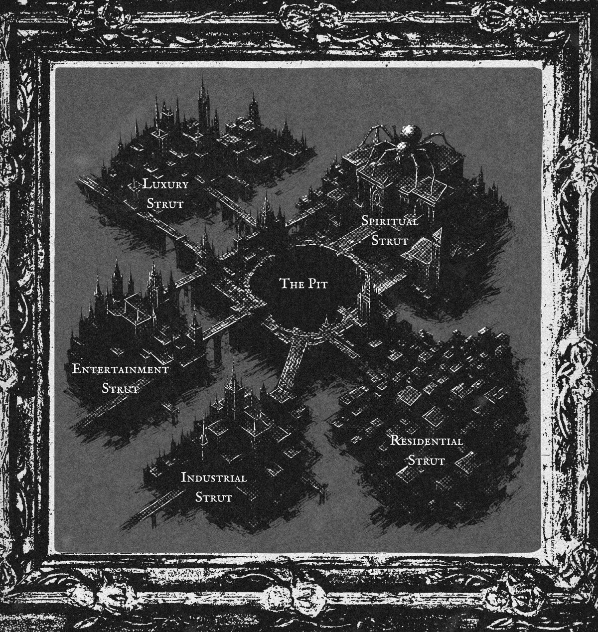 A black and white sketch of a  map with sections labeled Industrial Strut, Entertainment Strut, Luxury Strut, Residential Strut, The Pit, and Spiritual Strut. The map features a central pit, a spider illustration labeled Spiritual Strut, a cityscape labeled Raptoraem, and other themed areas with detailed drawings.