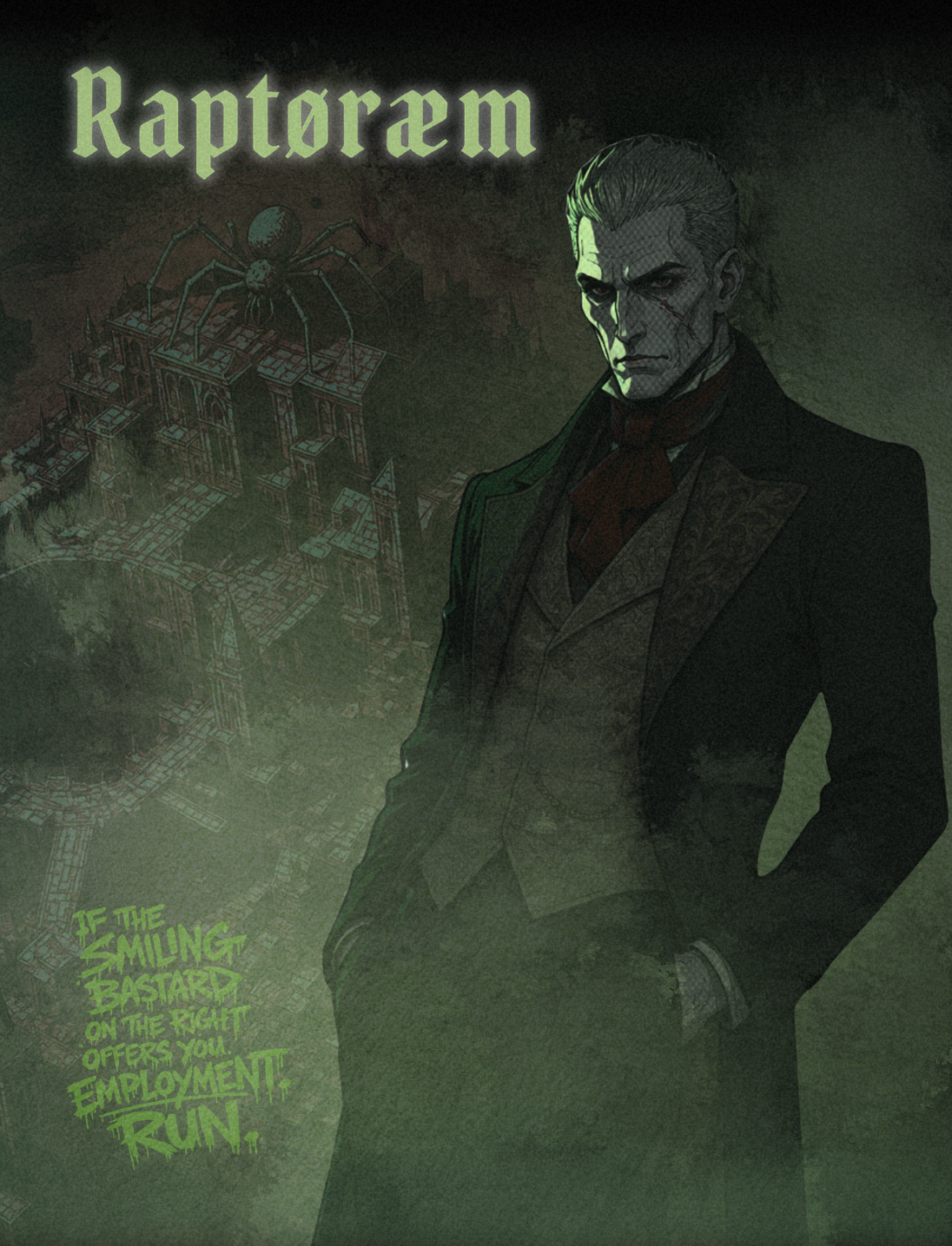 Digital artwork featuring a sinister man with slicked-back hair, a sharp suit, and a scarred face, standing against a dark green background with a spider and an architectural structure. The text 'Raptorem' appears at the top, and a quote at the bottom reads: 'If the smiling bastard on the right offers you employment... run.'