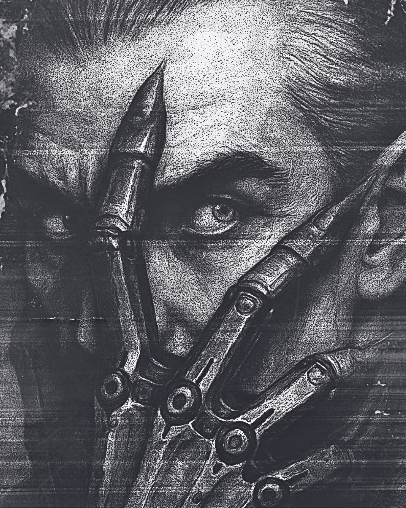 Black and white drawing of a person's face with a rugged appearance, hair swept back, and intense eyes. The person is holding several pens or markers near their face.