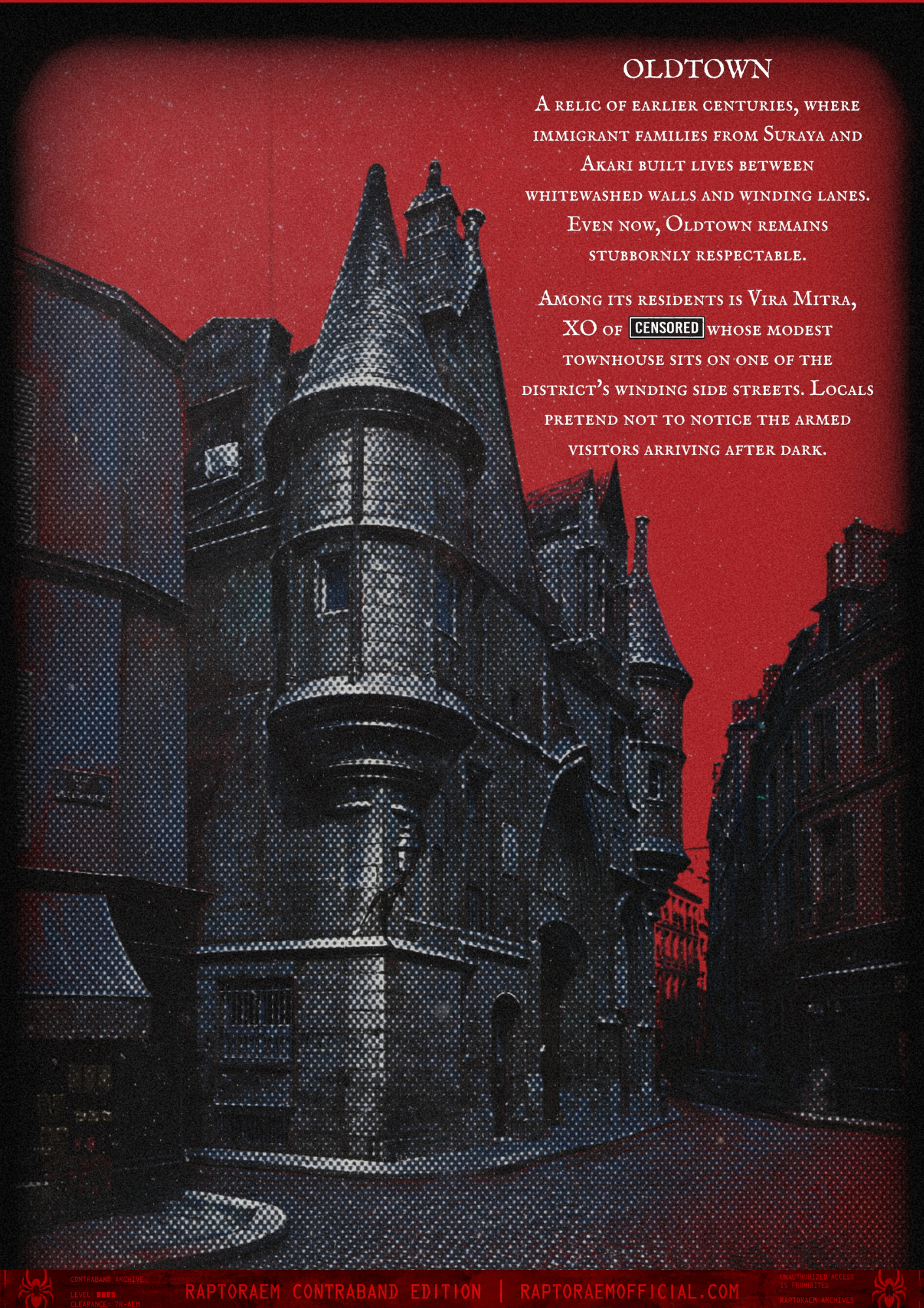 A dark, stylized illustration of a historic, castle-like building with prominent turrets, set against a red sky with stars. Text on the right describes Oldtown as a historic district built by immigrant families, mentioning a resident named Vira Mitra