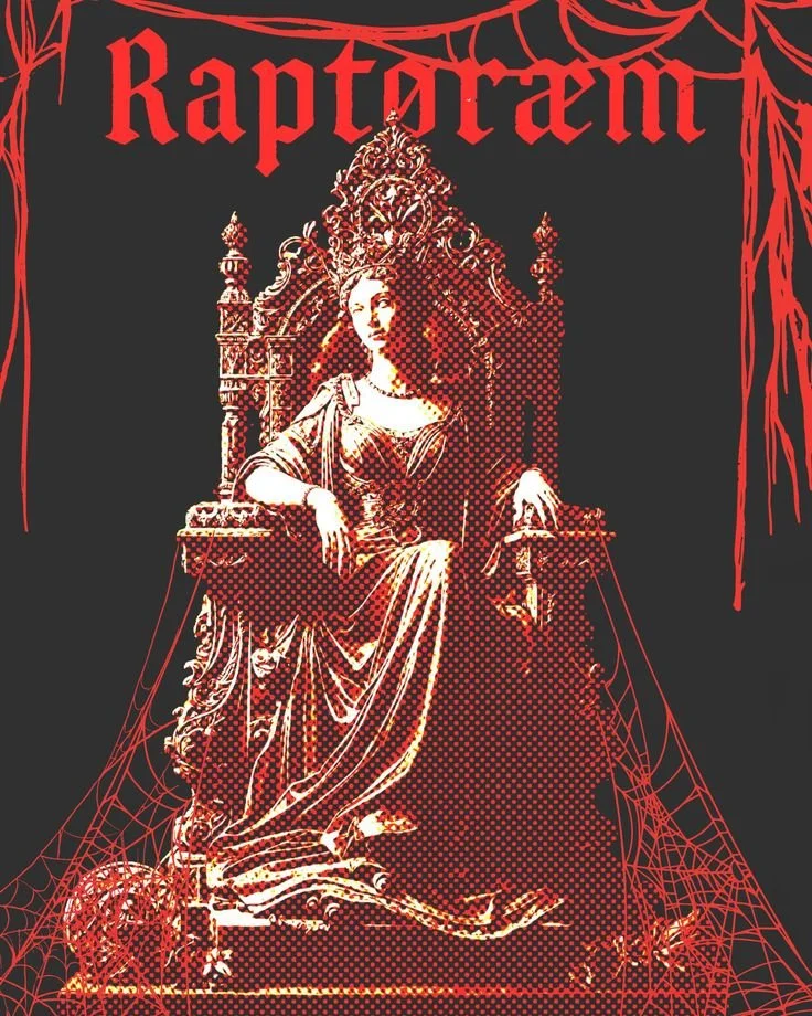 Stylized poster featuring a woman sitting on a throne, with a spider web in the corners, and the word 'Raptoraem' at the top in gothic font.