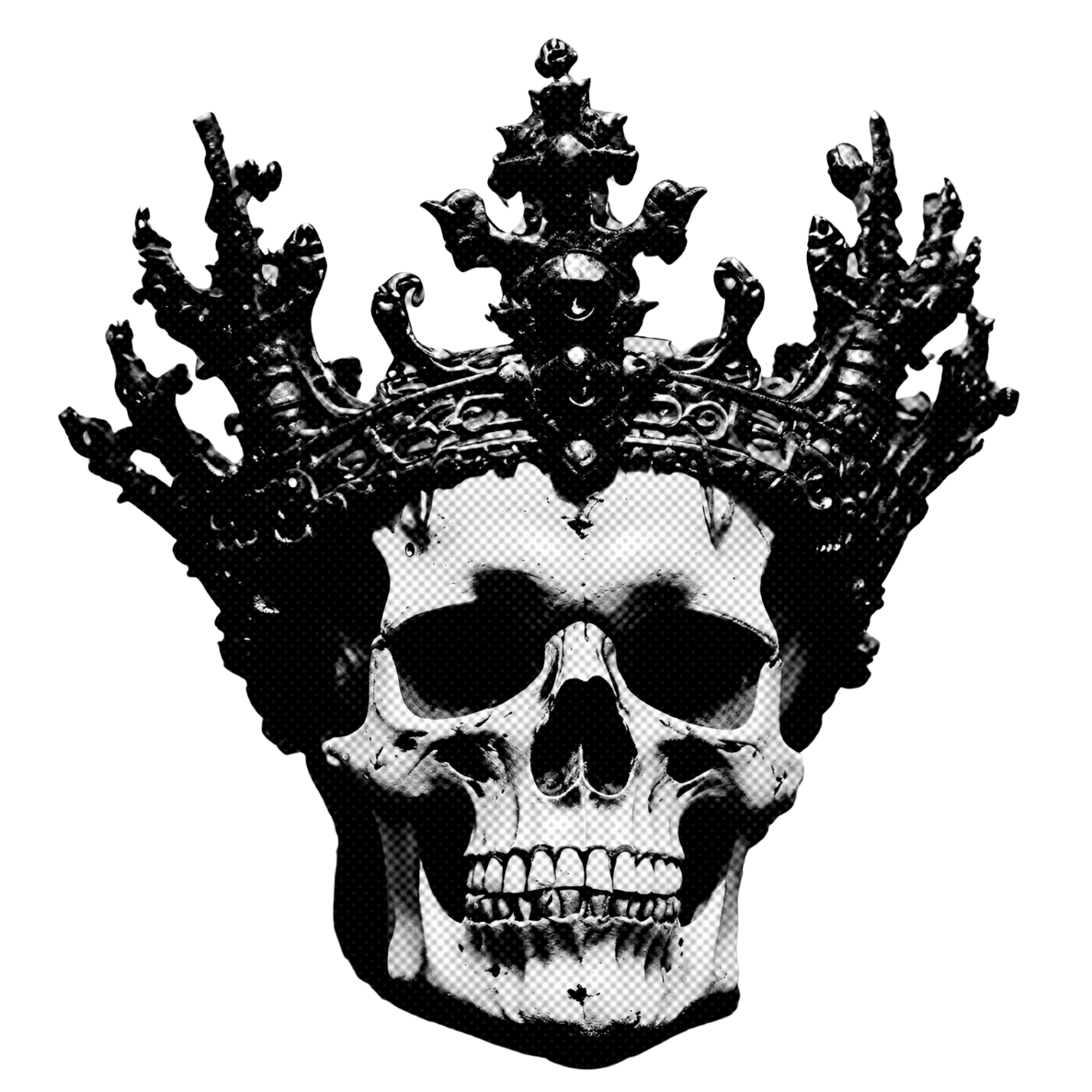 A black and white illustration of a human skull wearing an ornate crown with skull motifs, set against a dark background.